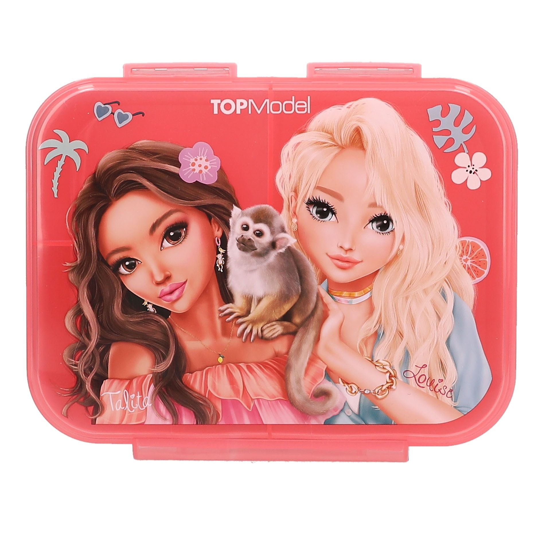 Depesche Schmuckset Brotdose mit Model Motiv und Blumen, 3 Fächer, Klappdeckel, Grün und Rosa, Lunchbox für unterwegs