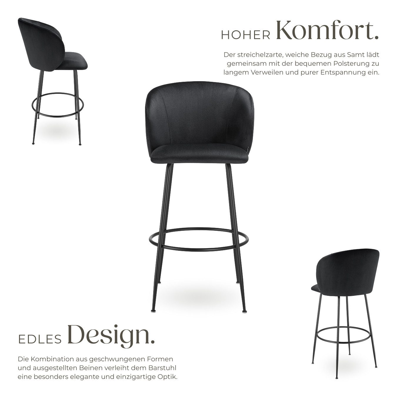 tectake Barhocker Barstuhl Luana, mit Rückenlehne, Samtoptik, 51 x 60 x 106 cm, Belastbarkeit 120 kg
