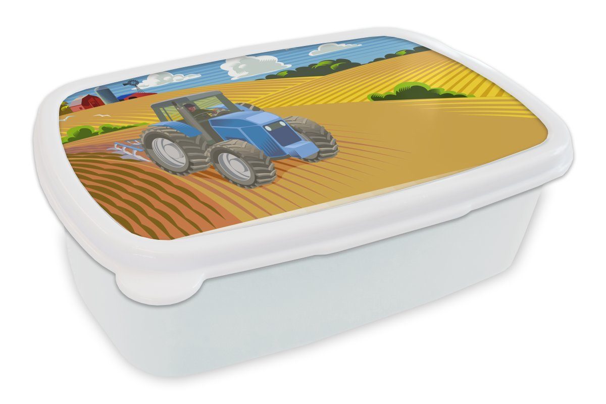 MuchoWow Lunchbox Traktor - Landwirt - Wolken, Kunststoff, (2-tlg), Brotbox für Kinder und Erwachsene, Brotdose, für Jungs und Mädchen weiß