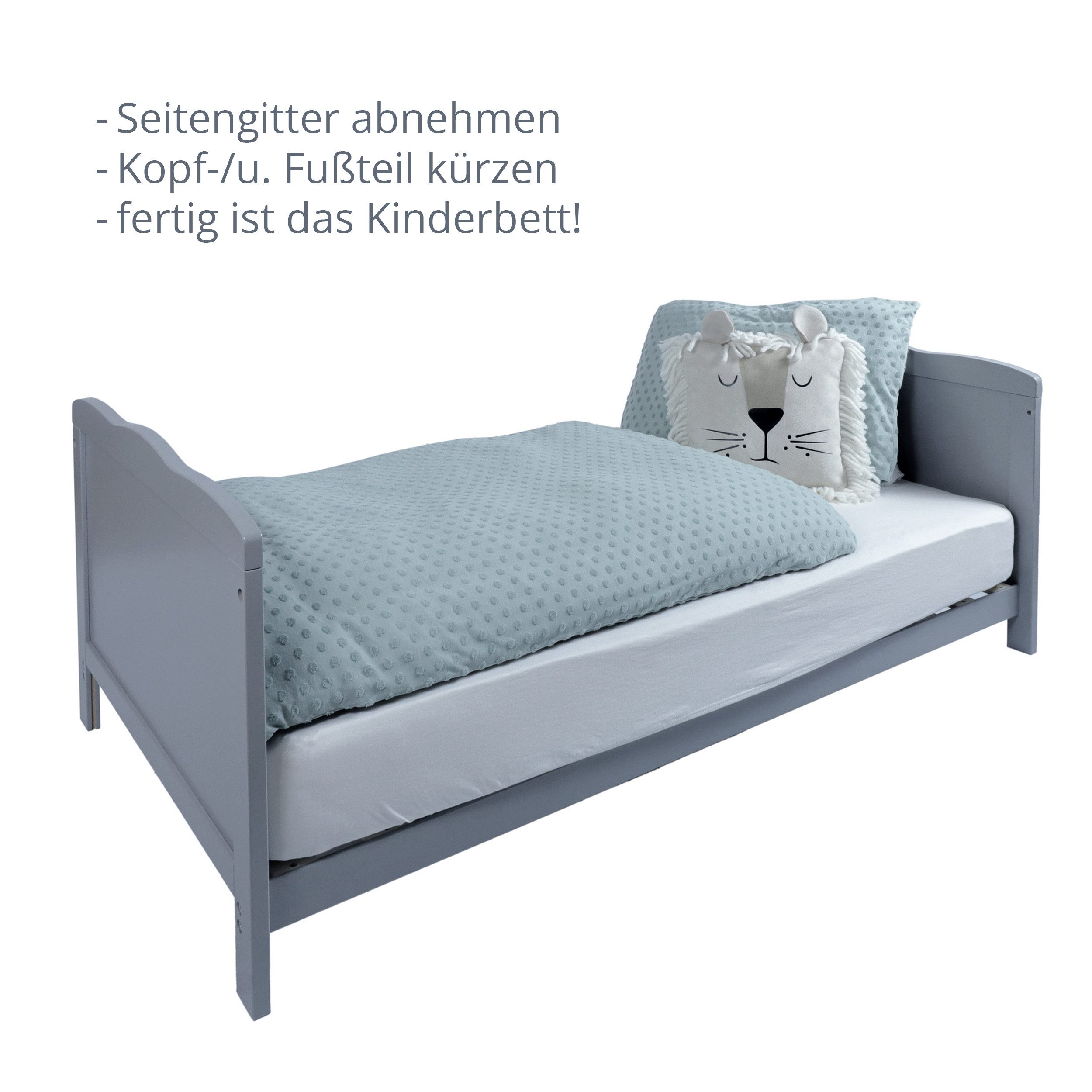 Puckdaddy GmbH Babybett Nele 70x140 in Grau, umbaubar zum Kinderbett, Babybett mitwachsend, höhenverstellbar, Kinderbett Grau + Lattenrost