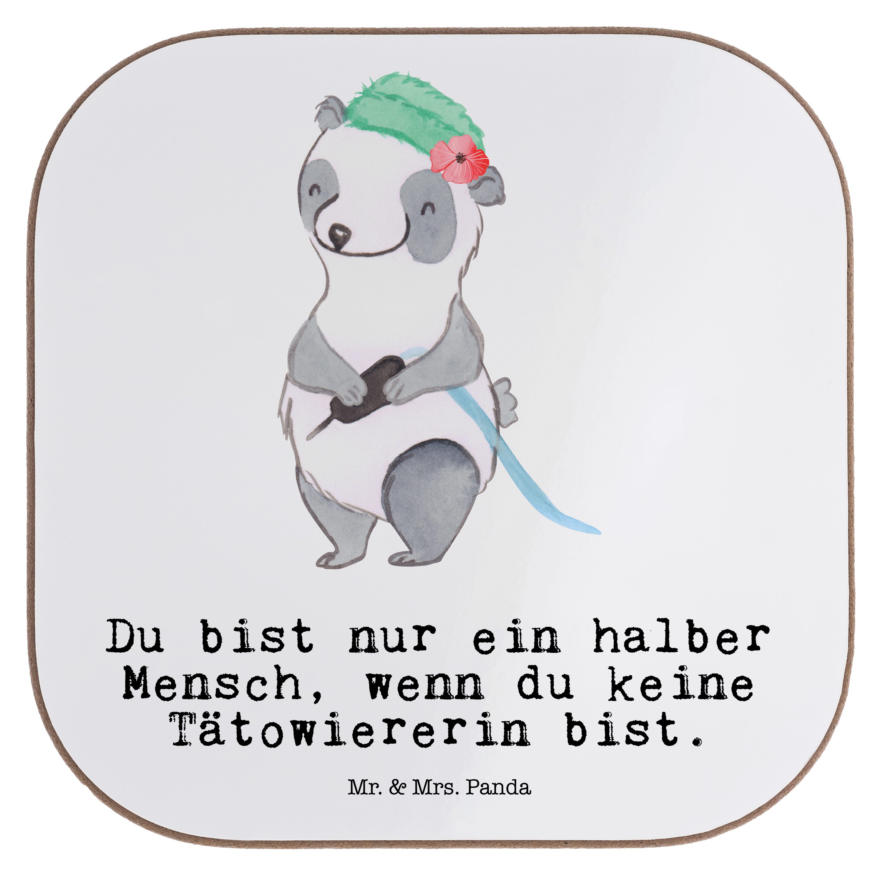 Mr. & Mrs. Panda Getränkeuntersetzer Tätowiererin mit Herz - Weiß - Geschenk, Glasuntersetzer, Bierdeckel, 1-tlg.