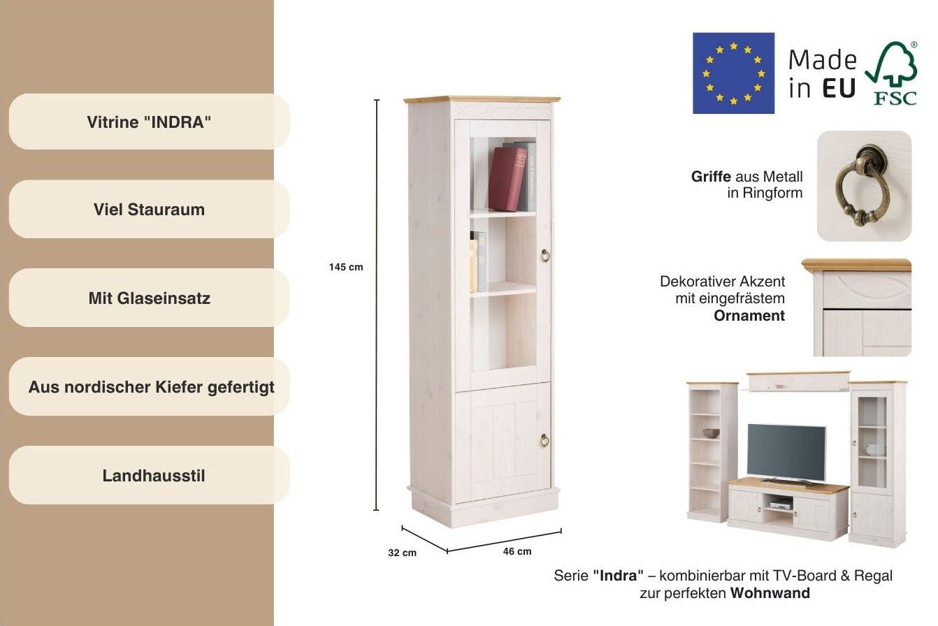 OTTO home Vitrine Indra aus massiver Kiefer, FSC®, 2trg., Höhe 145 cm, dezentes Ornament