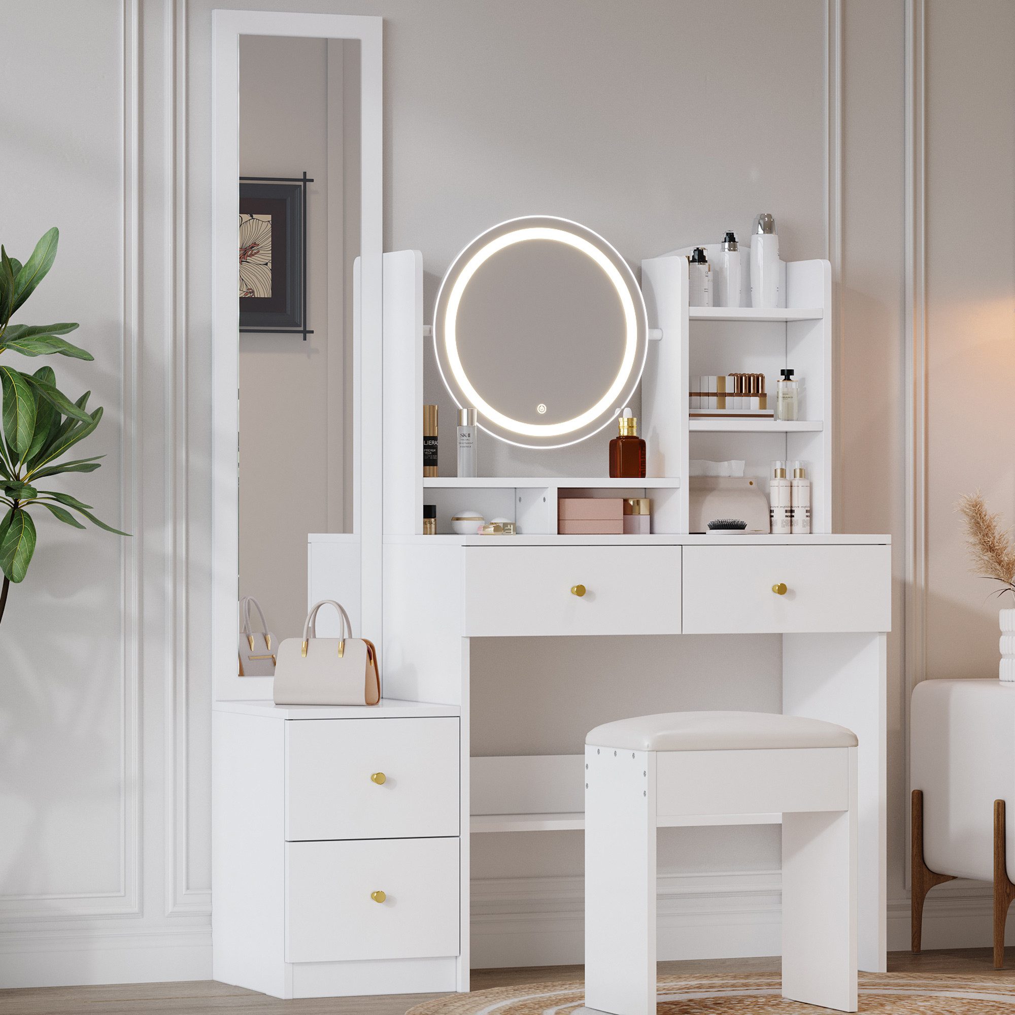 Celya Schminktisch mit Ganzkörperspiegel und drehbarem Tischspiegel (mit Schminktisch Hocker, 3 Farben LED-Beleuchtung, und 4 Schubladen), Geeignet für Schlafzimmer
