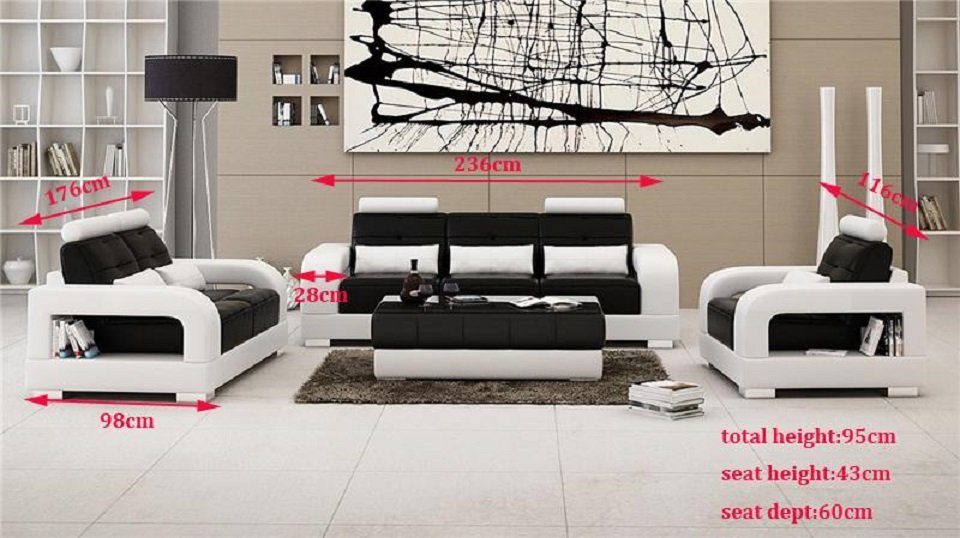 Set Sofas Couchen Sofa, Sofas in 3+1+1 Polster Europe Leder Made Sitzer Design Schwarz/Weiß JVmoebel Sofa Modern