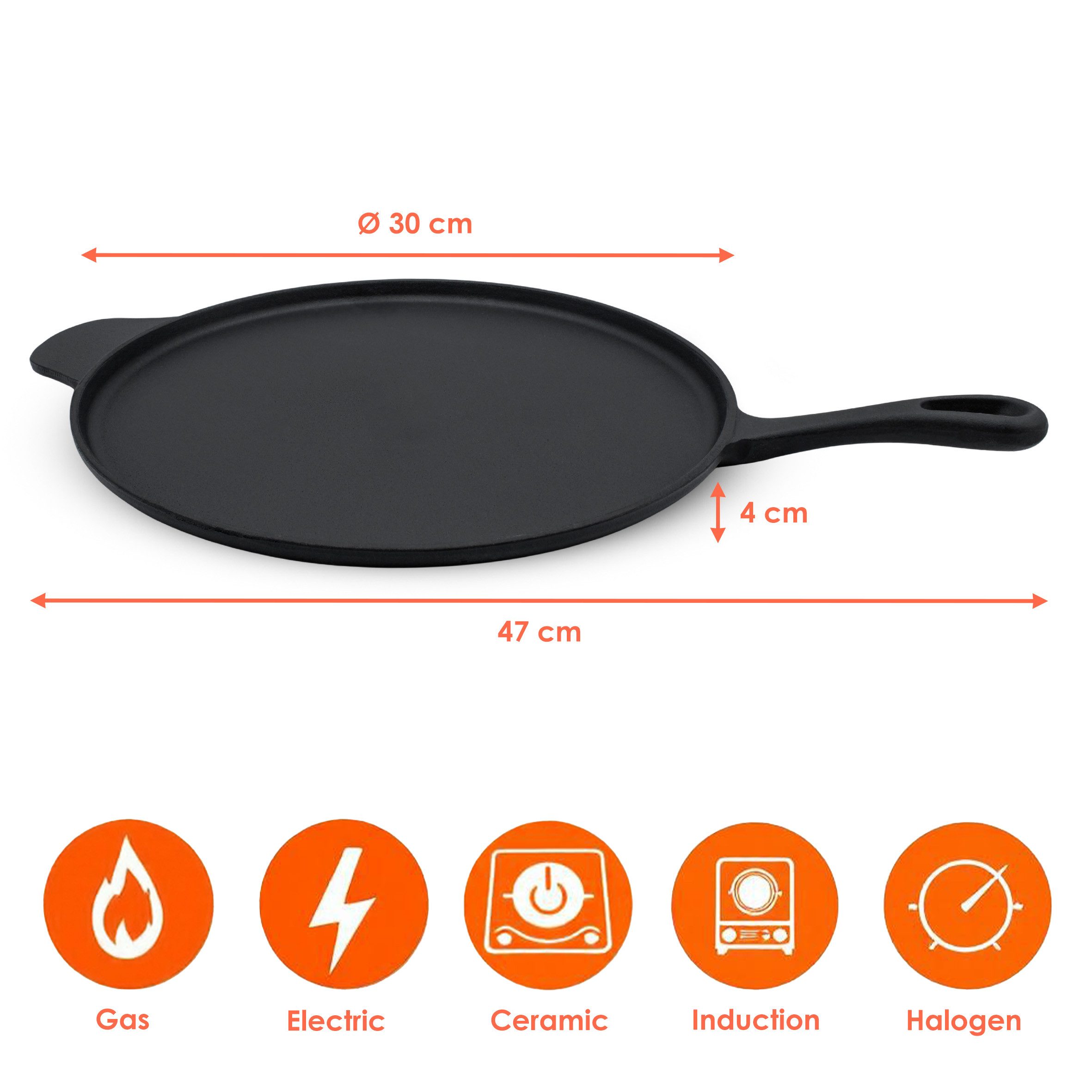 Spetebo Crêpepfanne Gusseisen Crêpes und Pizza Pfanne - Ø 30 cm, Gusseisen, Eisenpfanne für Herd Ofen und Grill