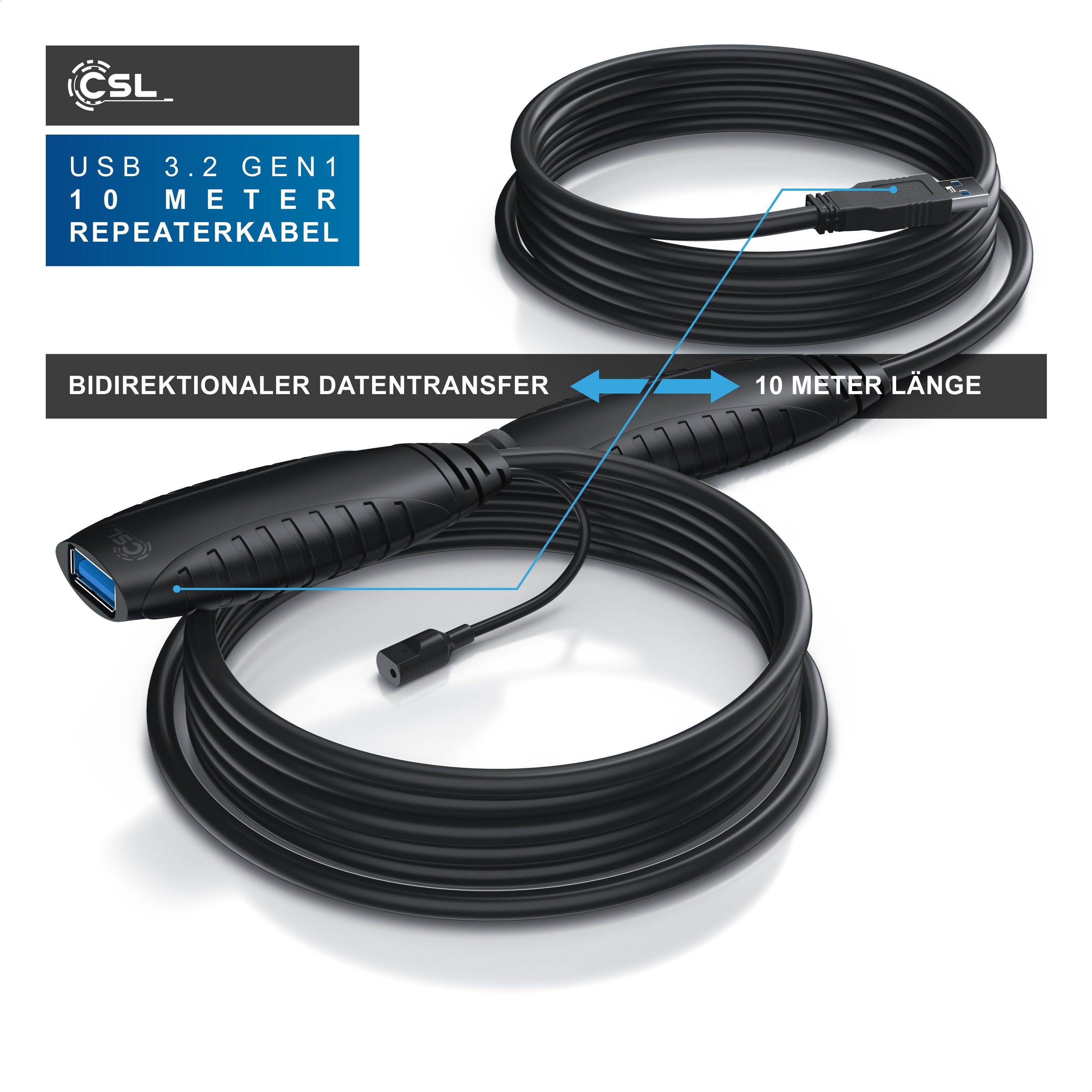 CSL USB 3.2 Gen 1 Repeaterkabel Verlängerung aktiv Gen1, Repeater - 10m Verlängerungskabel, USB Typ A, (1000 cm), Repeater Verlängerung Verstärker Kabel für Drucker Tastatur Scanner