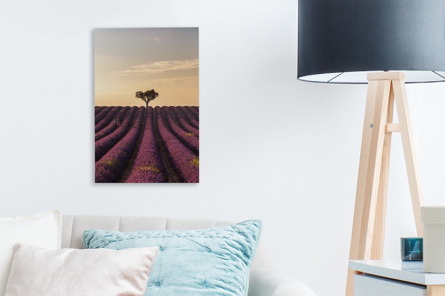 OneMillionCanvasses® Leinwandbild Lavendelfeld - Zackenaufhänger, cm Sonnenuntergang, inkl. 20x30 Baum (1 - Gemälde, bespannt Leinwandbild fertig St)