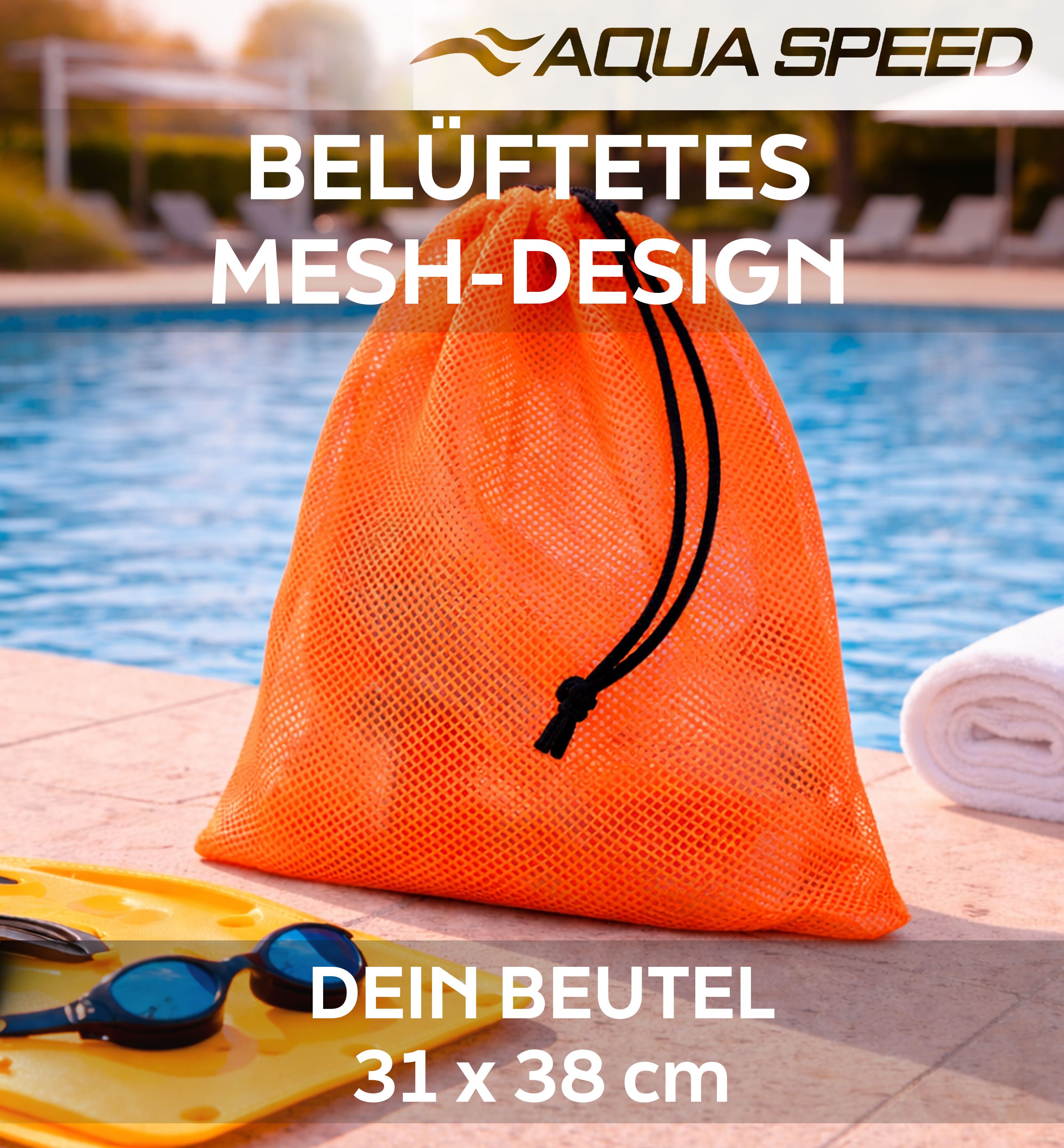 Aqua Speed Turnbeutel Netzbeutel Mesh Schwimmbeutel 46x76cm schwarz Sport (Wassersport Tasche mit Schultergurt & Kordelzug), Strapazierfähiges Netzgewebe für schnelle Trocknung