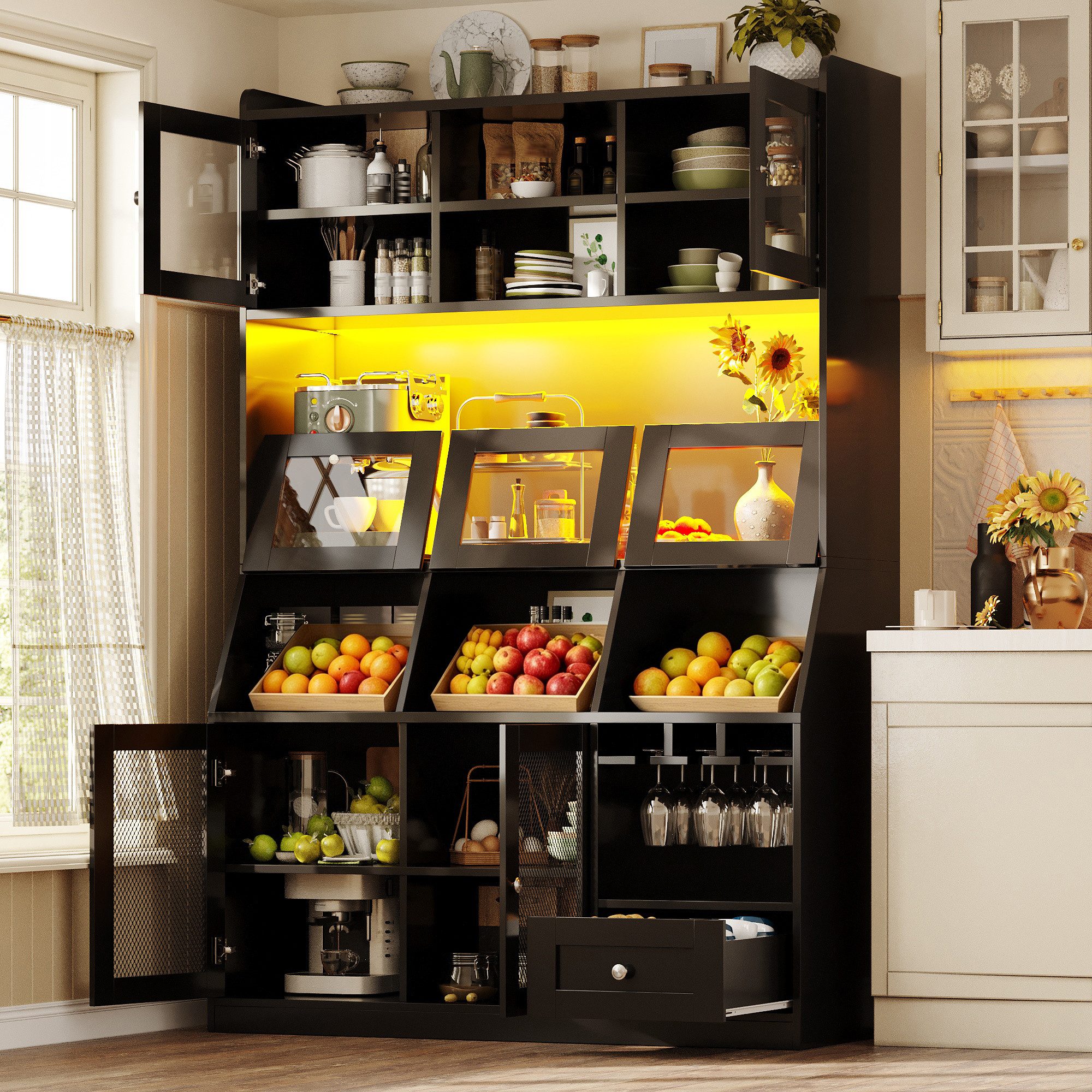 Flieks Küchenbuffet Hochschrank mit USB-Anschluss, LED-Beleuchtung und Glastüren (120x40x181,7 cm, 1-St) Multifunktionsschrank Mehrzweckschrank mit verstellbarer Einlegeböden