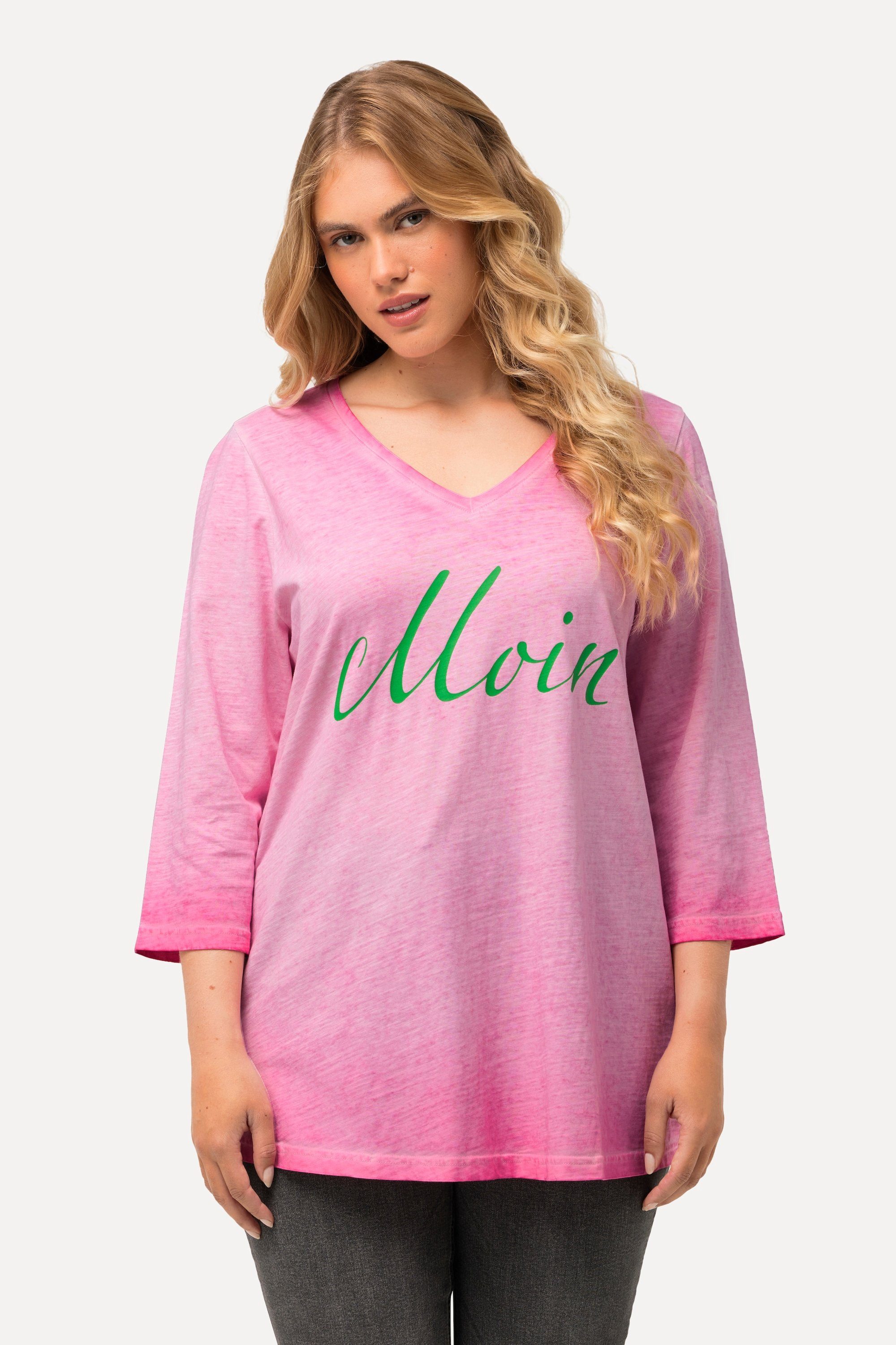 Ulla Popken Rundhalsshirt Shirt Grußmotiv 3/4-Arm pink V-Ausschnitt Cold Dyed