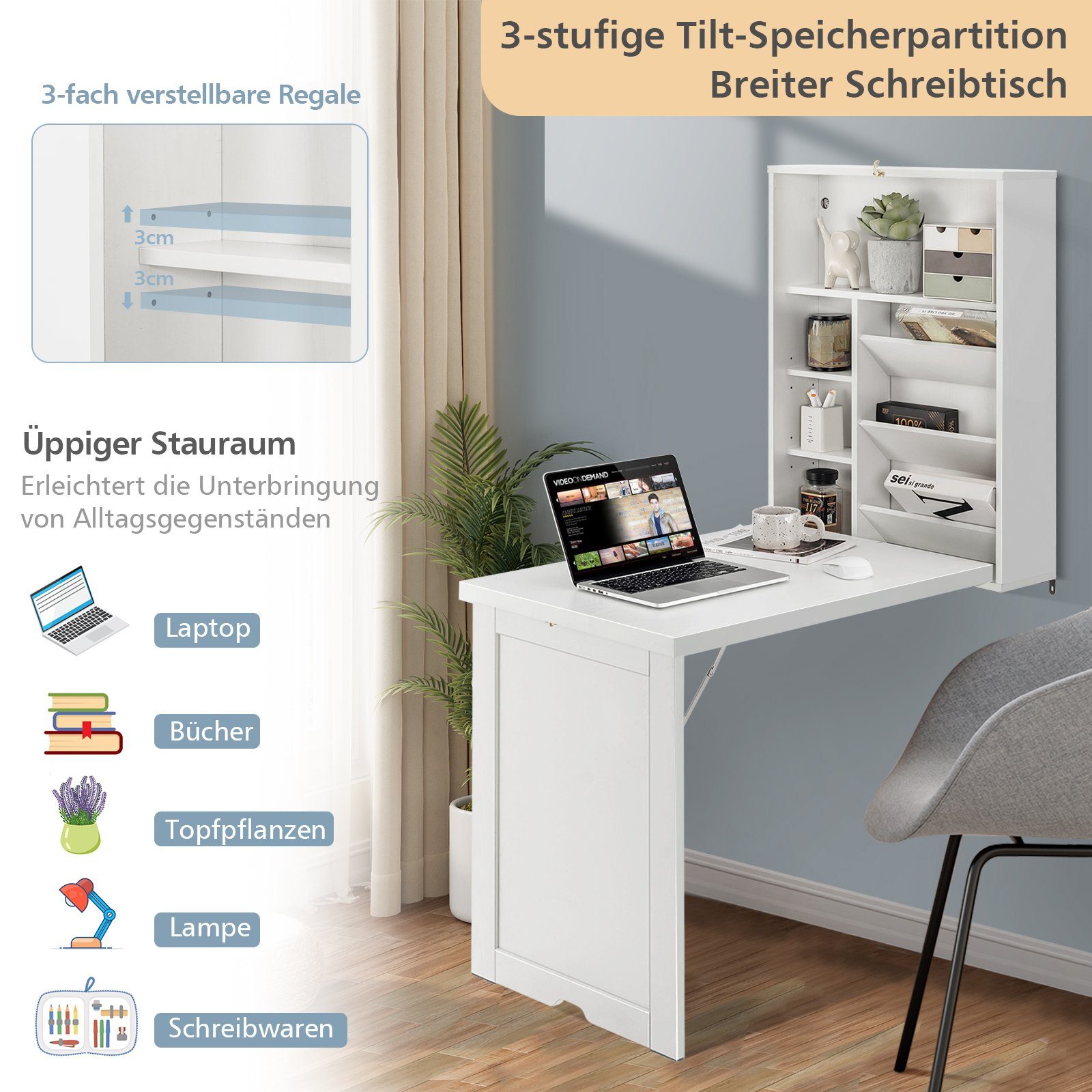 COSTWAY Klapptisch, Wandtisch platzsparend, 60x94,5x151cm, weiß