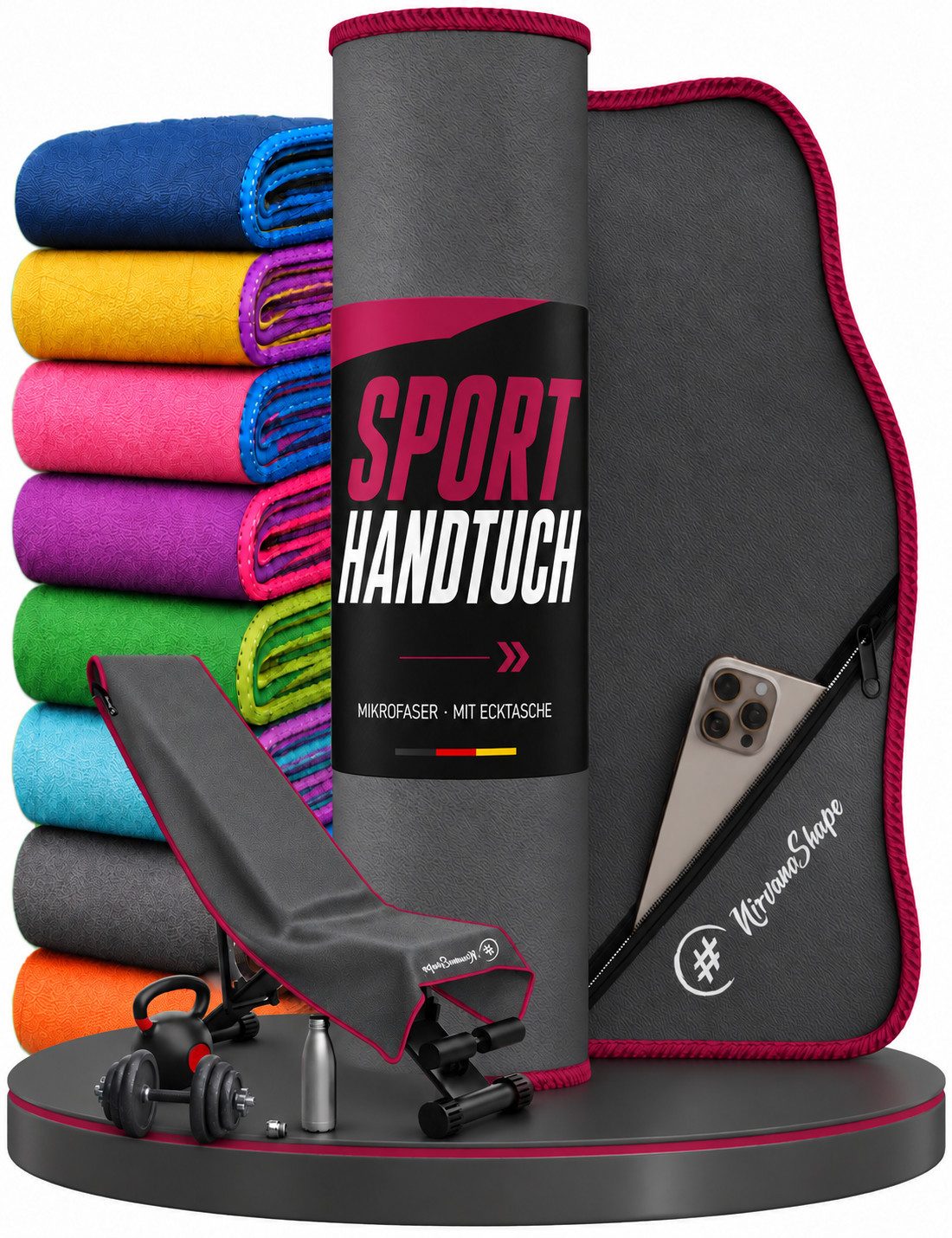 NirvanaShape Sporthandtuch NirvanaShape Mikrofaser Fitnesshandtuch mit Ecktasche und Knöpfen, saugfähig, leicht, schnelltrocknend, für Reisen, Fitness, Yoga, Sauna
