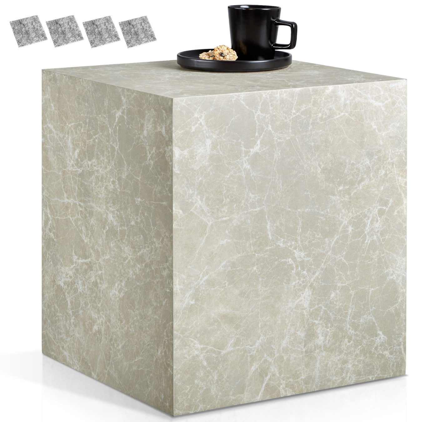 tectake Couchtisch Beistelltisch Inkl. Bodenschoner, Belastbarkeit 45 kg, 45 x 45 x 50 (Abstelltisch Lasley, 1-St., in Travertin Optik), minimalistisches Design, robustes MDF, keine Montage