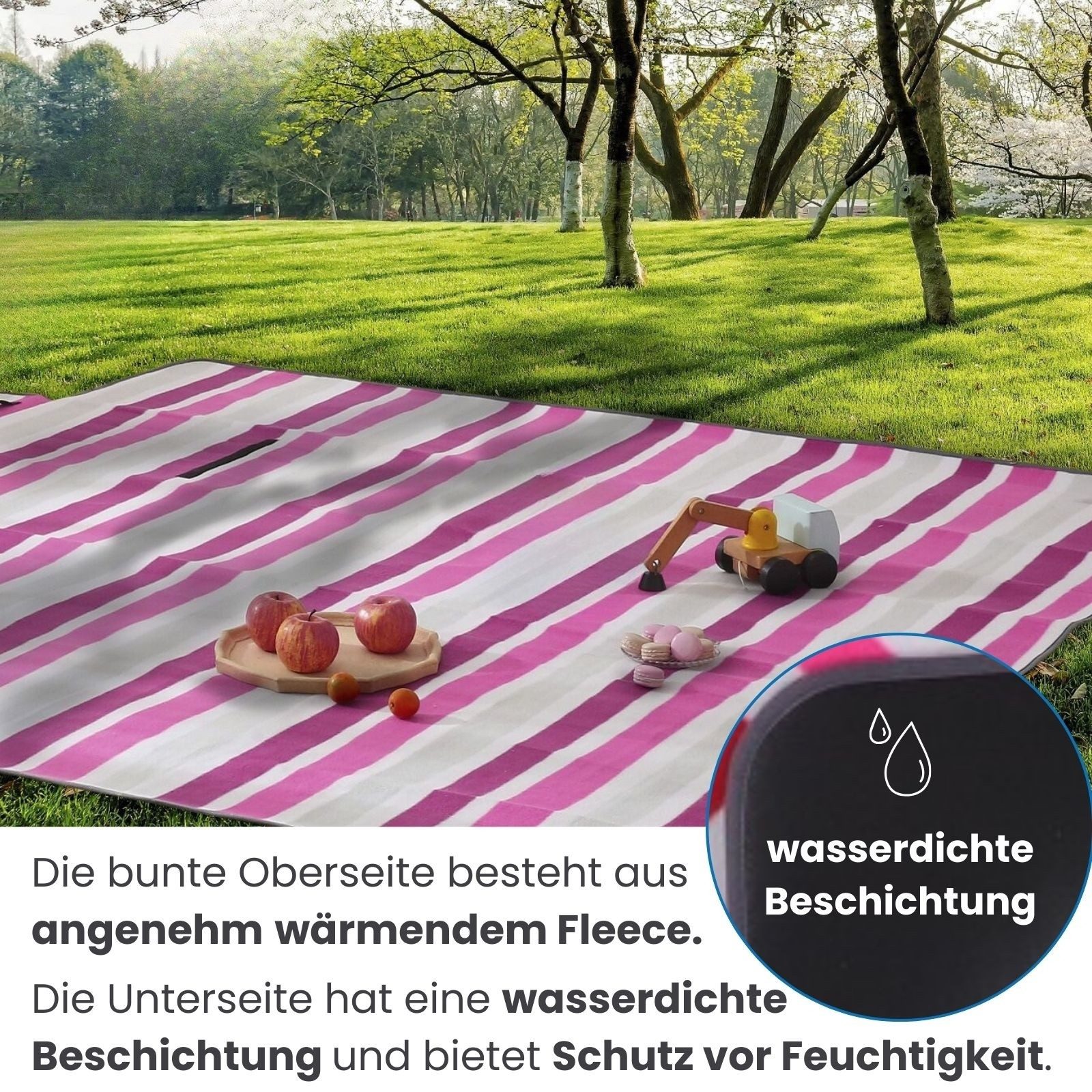 Picknickdecke XXL Picknickdecke ca. 200x200, wometo, Oberseite 100% recyceltes Fleece, wasserdicht – Bild 4 von 5