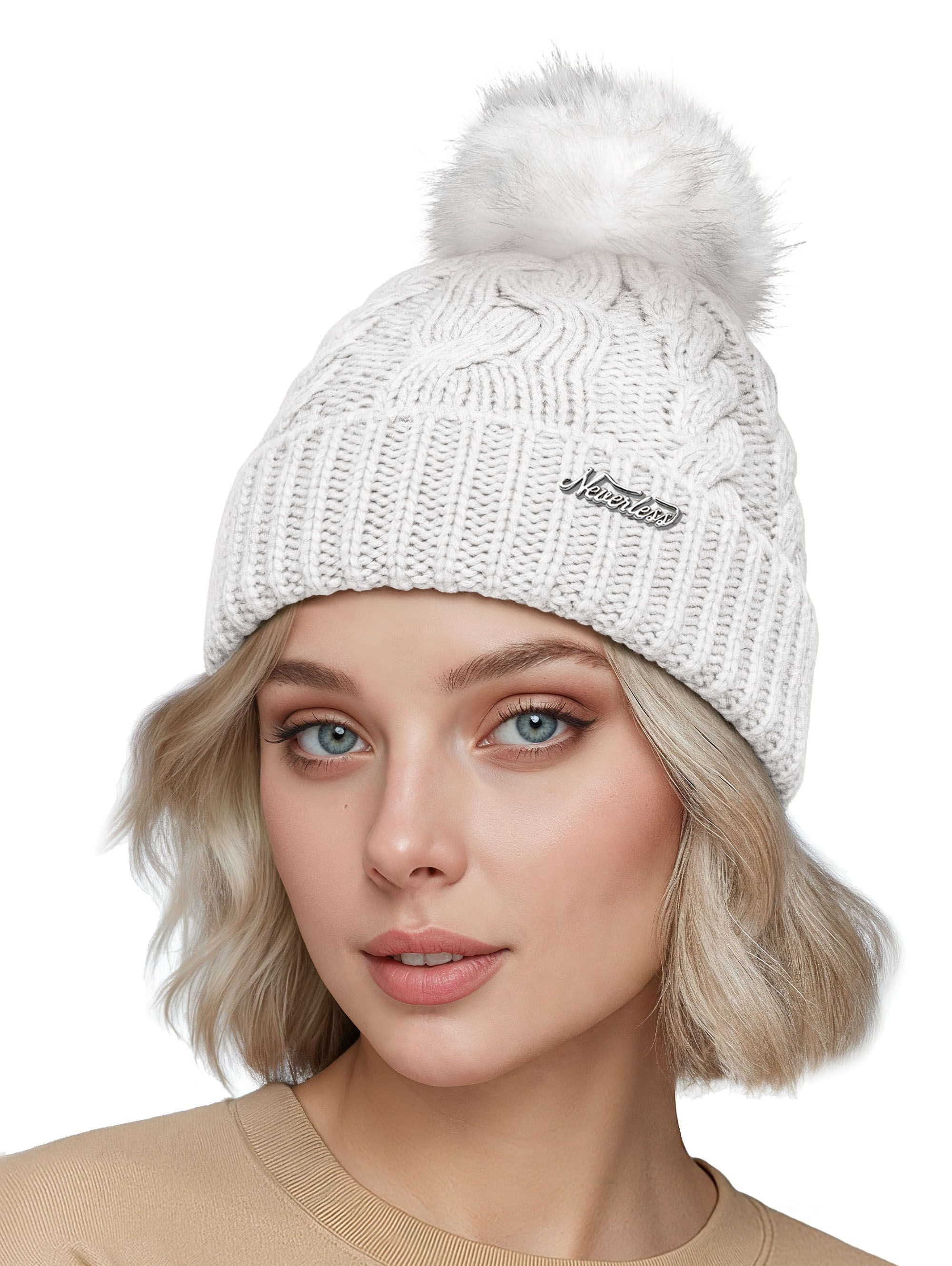 Strickmütze Damen Strick-Mütze Merino Wollmütze Bommelmütze Wintermütze mit