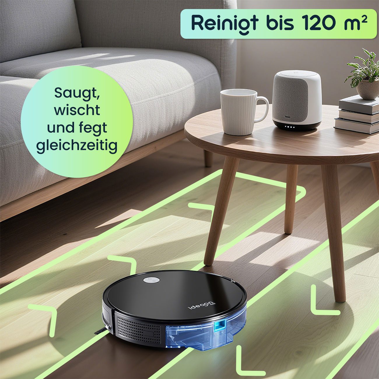 shop'n smile ideoon Saugroboter mit Wischfunktion 3in1 Saug Wisch Roboter 3 kPa App 120m² 20 W, 20 W, beutellos, bürstenloser Motor 63 dB-Lautstärke 280 ml Tank ca. 90 Min. Betrieb