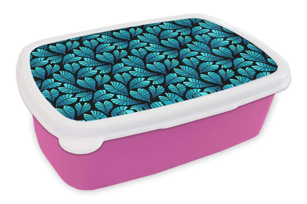 MuchoWow Lunchbox Dschungel - Blau - Blatt - Pflanzen - Muster, Kunststoff, (2-tlg), Brotbox für Erwachsene, Brotdose Kinder, Snackbox, Mädchen, Kunststoff rosa