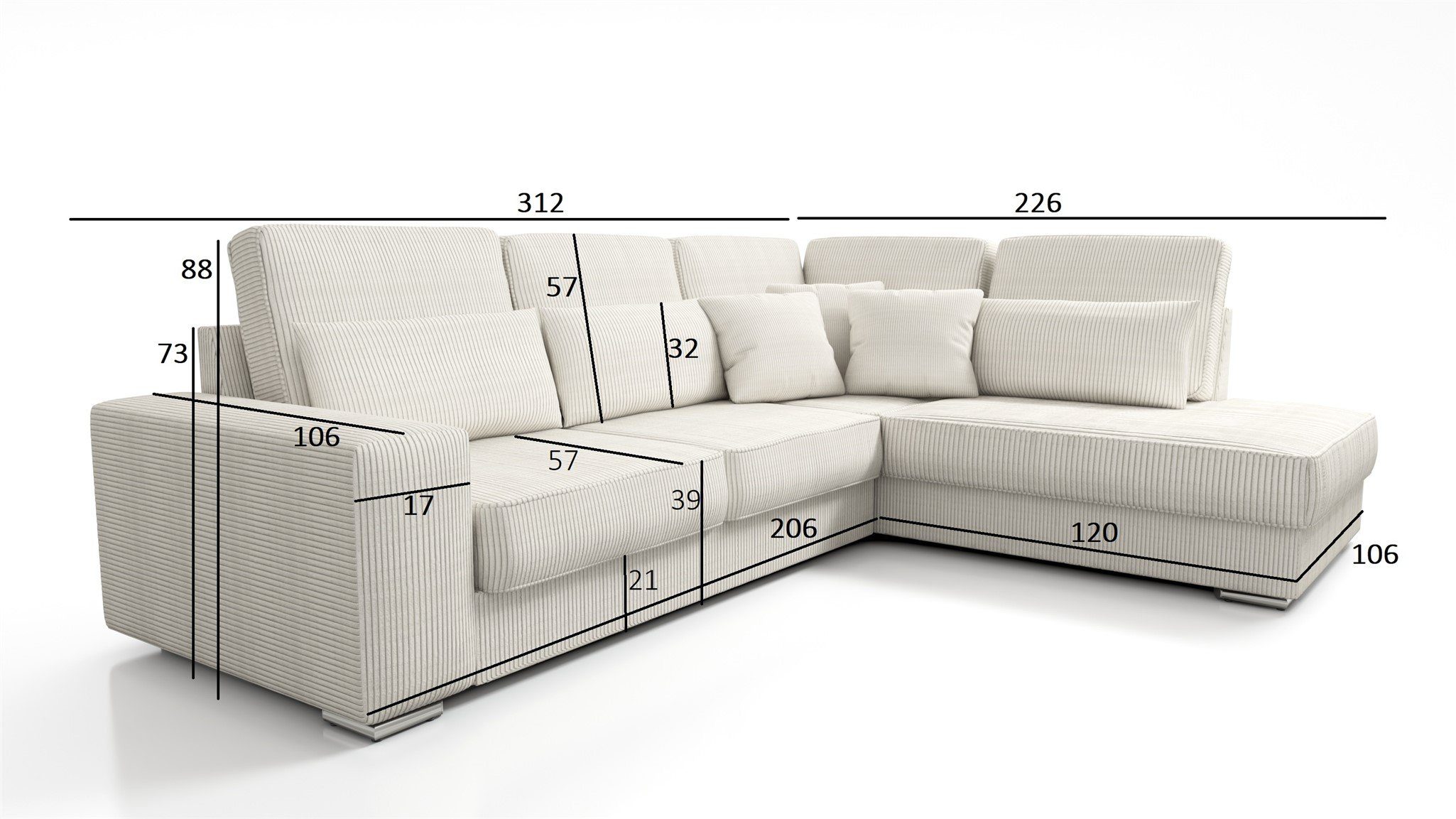 mane, NEVIO Sofa Möbel Creme mit Rundumbezug Scala Rückenkissen Fun Ecksofa Stoff XL und inkl. Zierkissen,