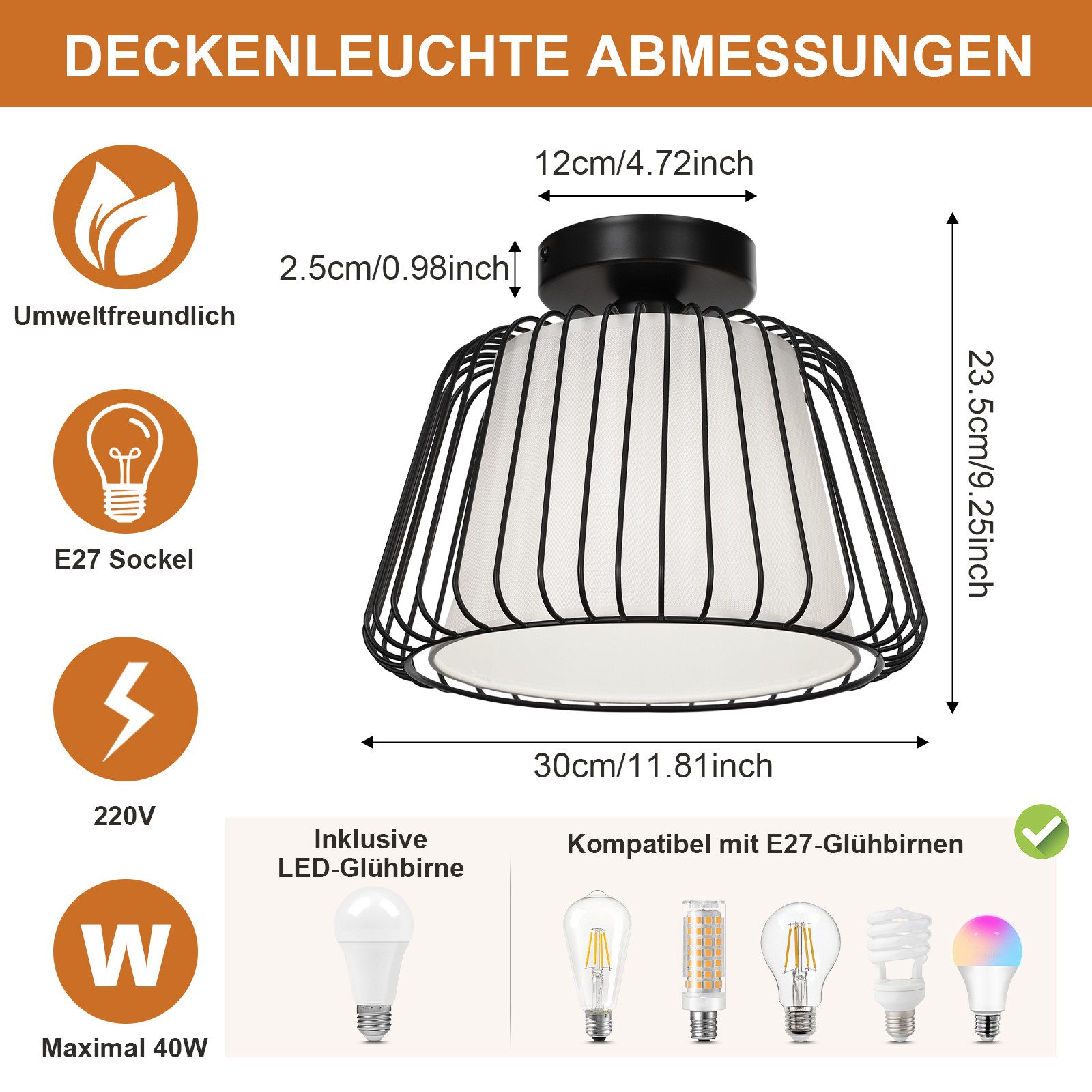 Rosnek LED Deckenleuchte Industrielle Deckenleuchte, Dimmbar, Doppelschichtiger Lampenschirm, Halogen, Durchmesser 30 cm, für Wohnzimmer, Küche, Esszimmer & Schlafzimmer