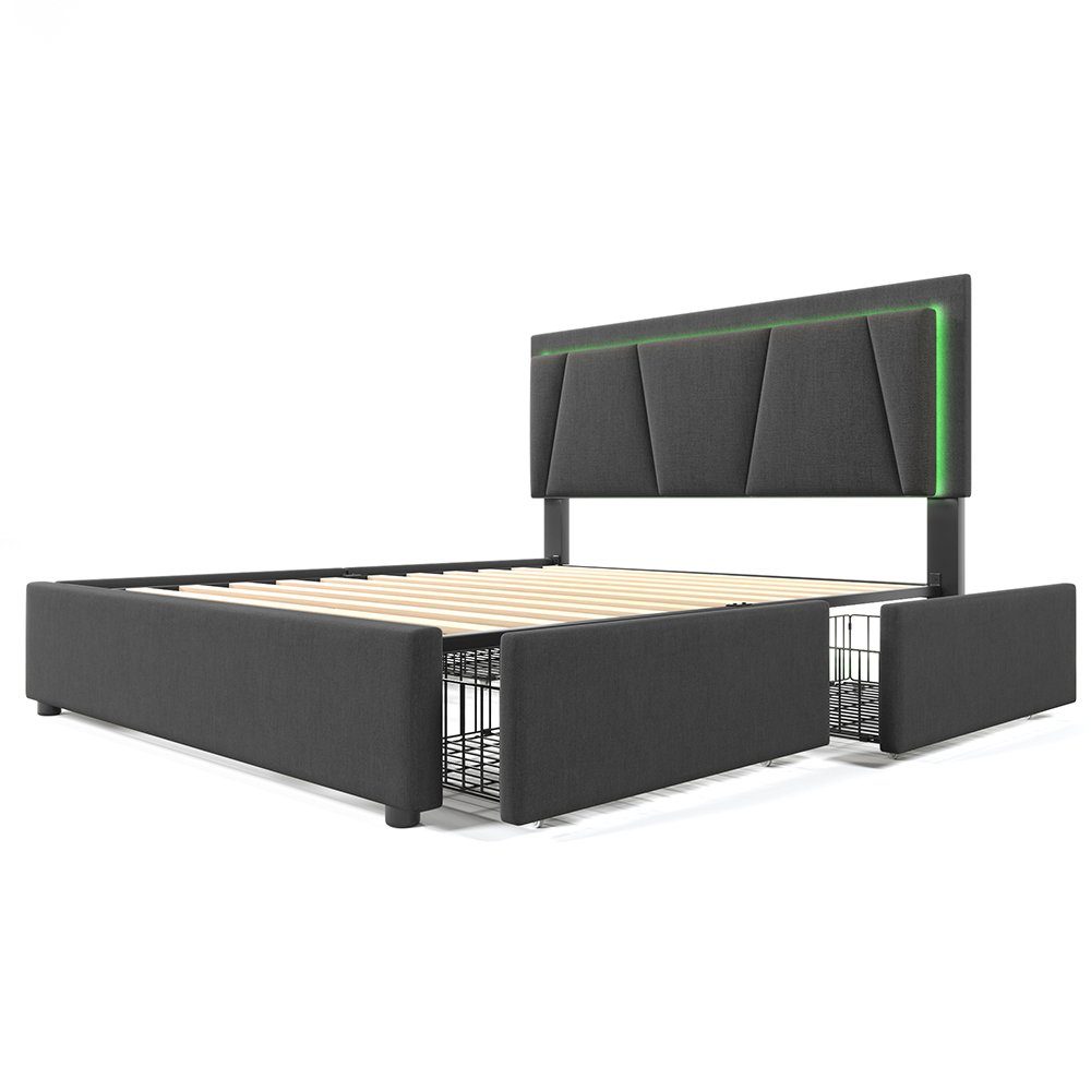 Polsterbett (Stauraumbett, Höhenverstellbares Kopfteil), Doppelbett 140x200cm mit LED-Beleuchtung und 4 Schubladen