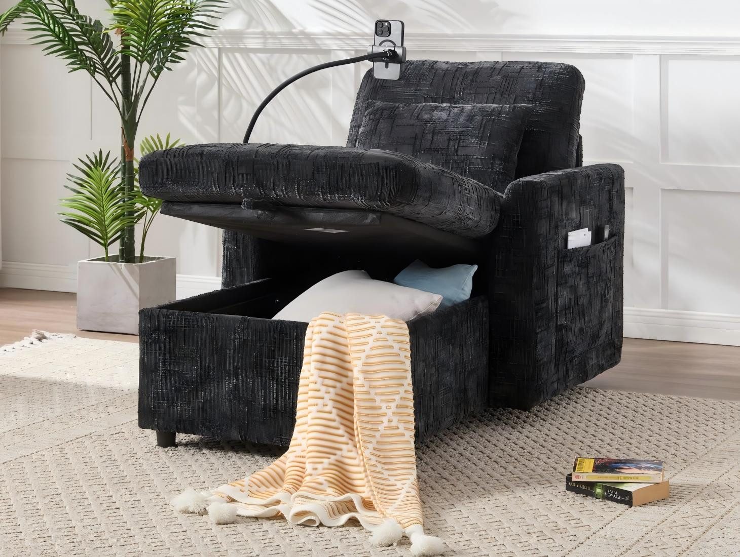 LVHOM Relaxsessel Chaiselongue, Ottomane, Polsterliege, Einzelsitz mit XXL-Stauraum (integriertem verstellbarem Smartphone-Halter, Sitzbox-Stauraum (122x55,5x23 cm), Bequeme Sitzgelegenheit mit seitlicher Ablagefläche, Rückenlehne, 1-Sitzer, 2 Nackenkissen), kleinen Räumen, Mietwohnungen, Wohn-/Schlaf-/Arbeitszimmer,Büro,Balkon