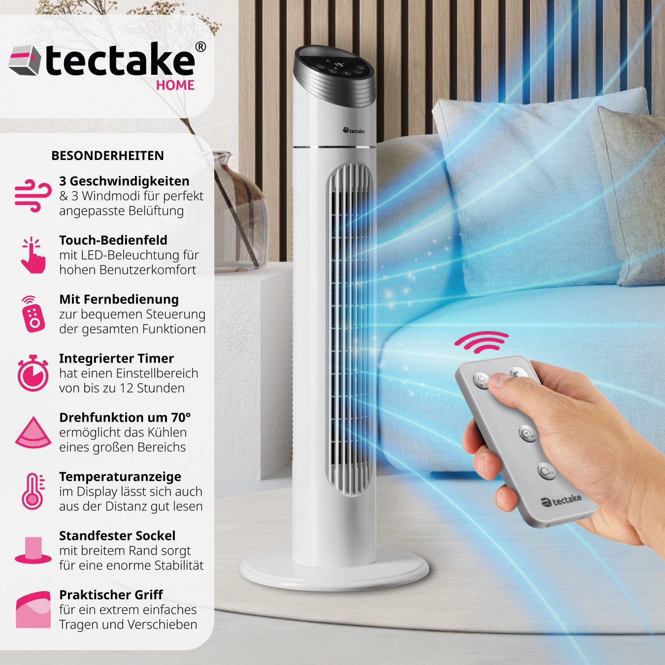 tectake Turmventilator Standventilator 90 cm, 3 günstig online kaufen