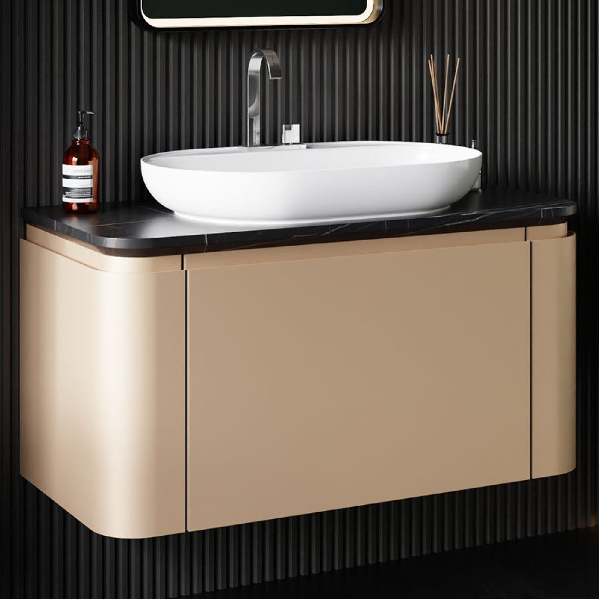 Karen Waschtisch-Set Waschtisch mit Unterschrank Moon, (Komplett-Set, Standartmäßig 2-Teilig (Unterschrank mit Konsole, Waschbecken), 2-St., Waschtisch mit Konsole, Schmuckschublade innen, seitliche Schubladen), Konsole mit Marmoroptik, Schubladen, Innovativ, Softclose