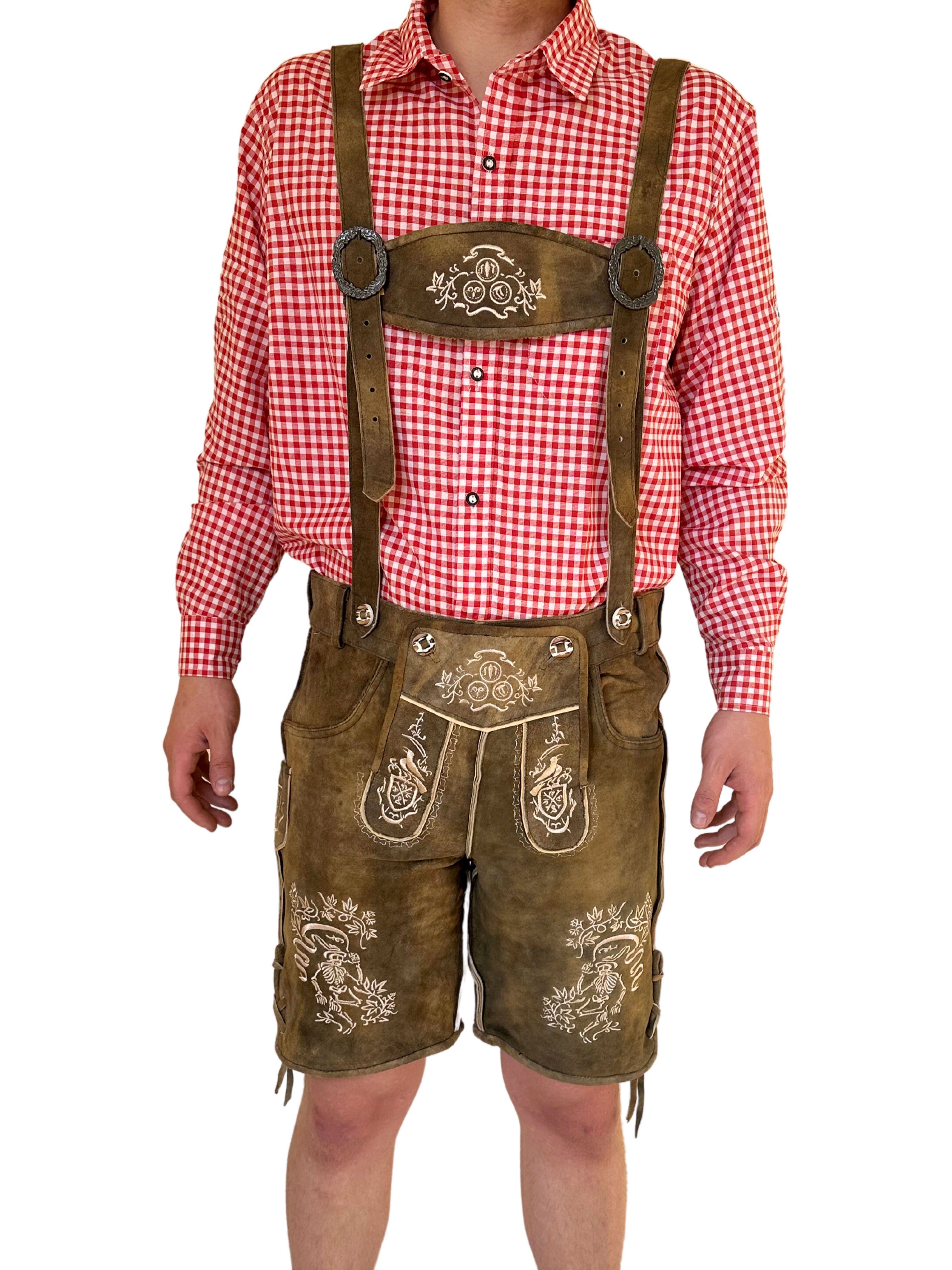 Trachtenhose Dretaild Tracht Oktoberfest mit, kurz Hosenträger Premium Lederhose Herren Ziegenleder Deluxebestickung