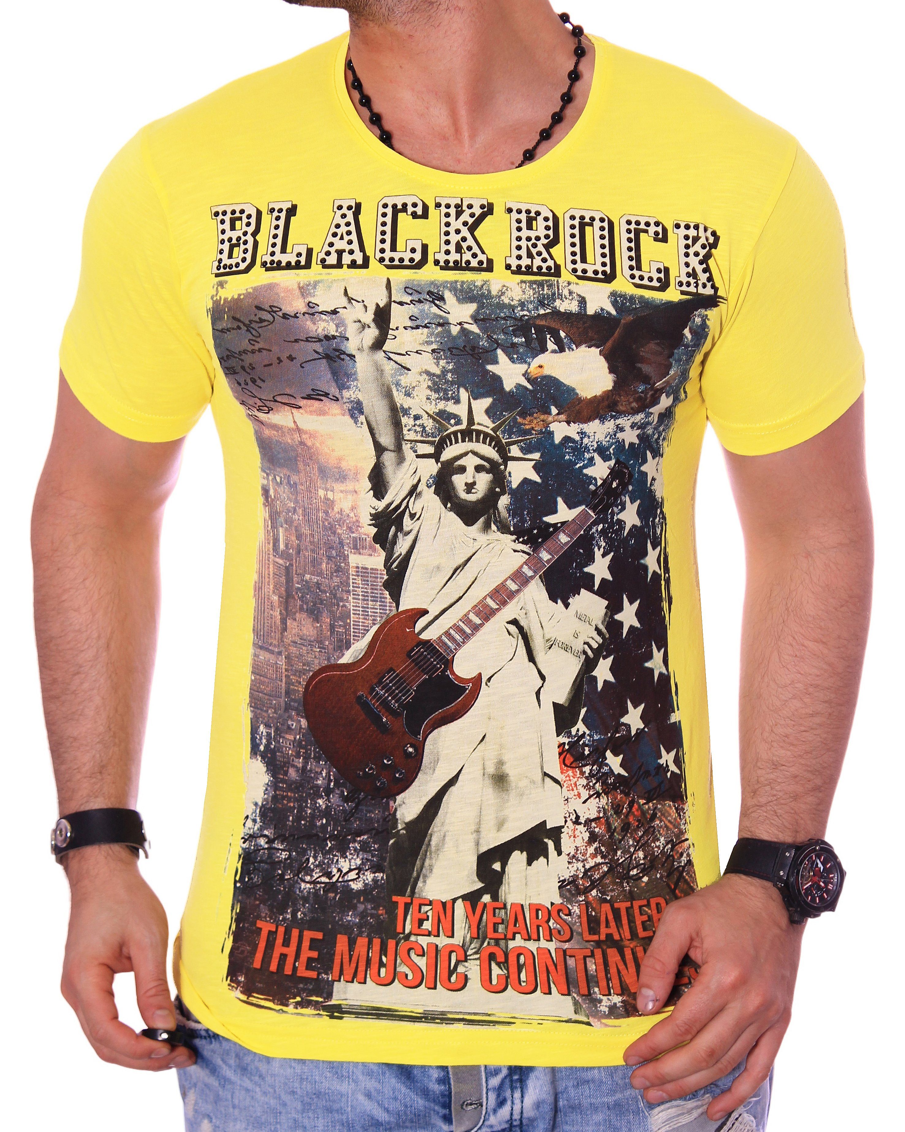 Rundhals Urlaub Gelb T-Shirt T-Shirt USA BLACKROCK Slim-Fit kurzarm Shirt Herren bedruckt Amerika Print