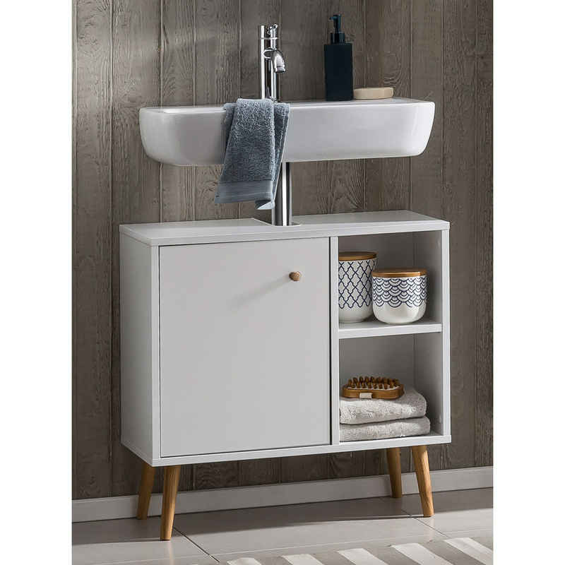 Lomadox Waschbeckenunterschrank JASLO-80 Badezimmer Schrank Unterschrank weiß, Füße Eiche massiv 66 cm breit