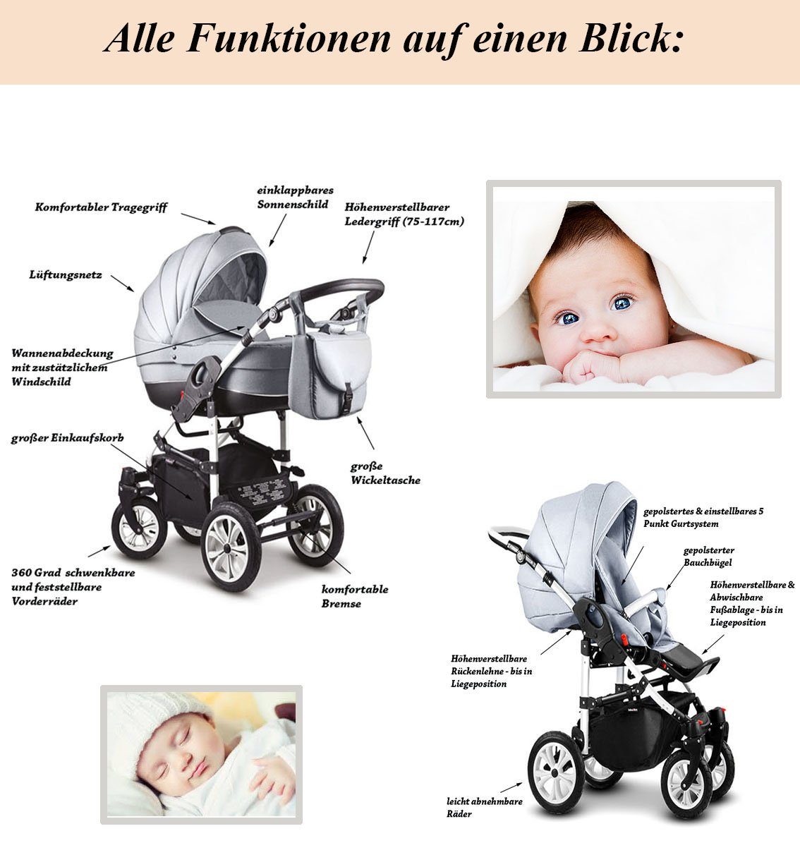 16 - 41 in Cosmo in Farben Kinderwagen-Set - 3 Kombi-Kinderwagen Weiß-Bordeaux babies-on-wheels Teile 1