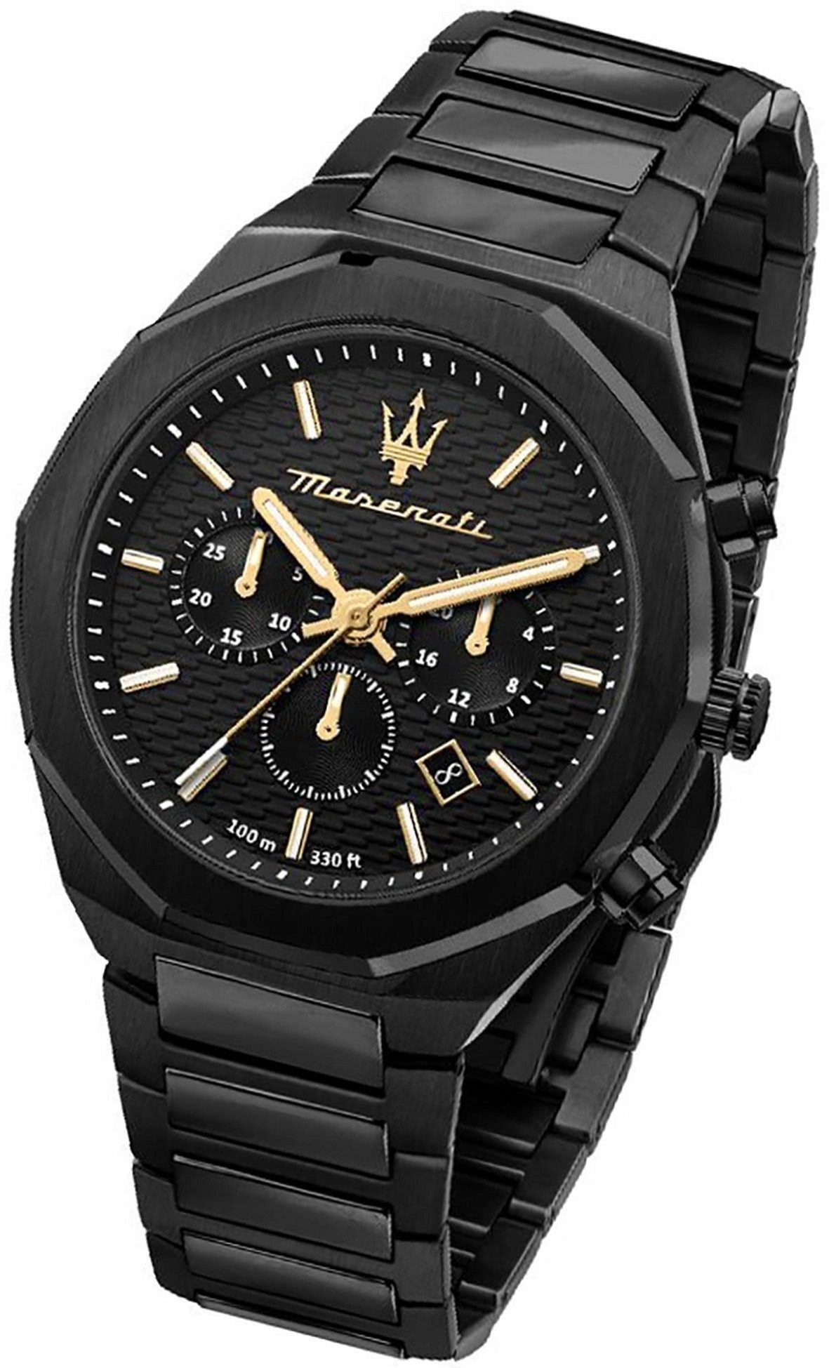 MASERATI Chronograph Maserati Edelstahl Armband-Uhr, Herrenuhr Edelstahlarmband, rundes Gehäuse, groß (ca. 45mm) schwarz