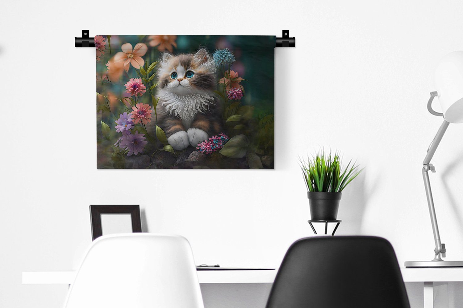 Natur Blumen Wanddekoobjekt Wanddeko MuchoWow - Kinderzimmer Wohnzimmer, - Kleid, Schlafzimmer, Kätzchen - - Illustration Wandbehang, Katze, für