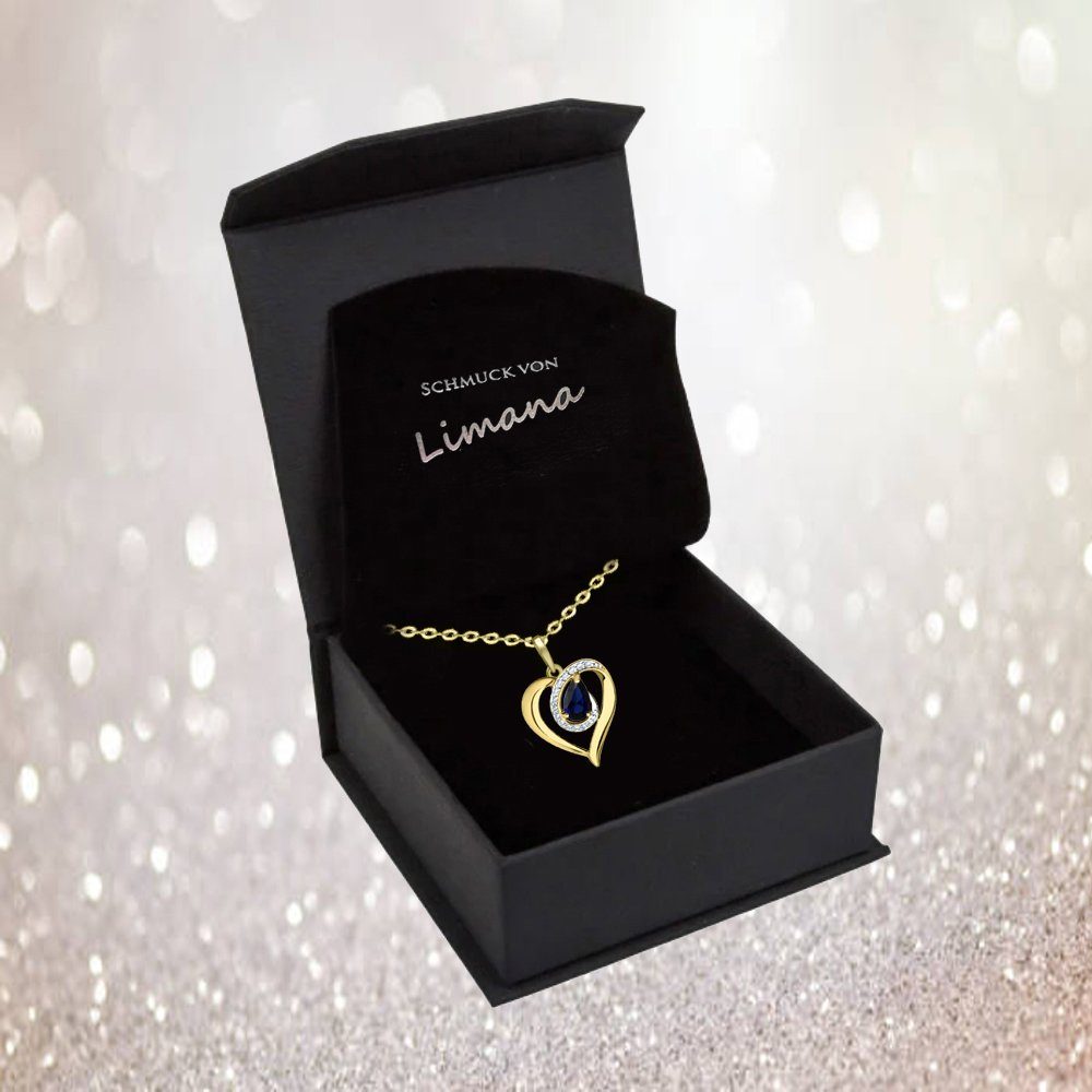 Limana Herzkette blauer echter Saphir Kette Damen Halskette gold 925 Silber vergoldet (mit Tasche u. Dose Edelstein Kette Herz Anhänger Weihnachtsgeschenk), Schmuck Liebesgeschenk Liebe Geschenk für Frauen Damen Freundin Mutter