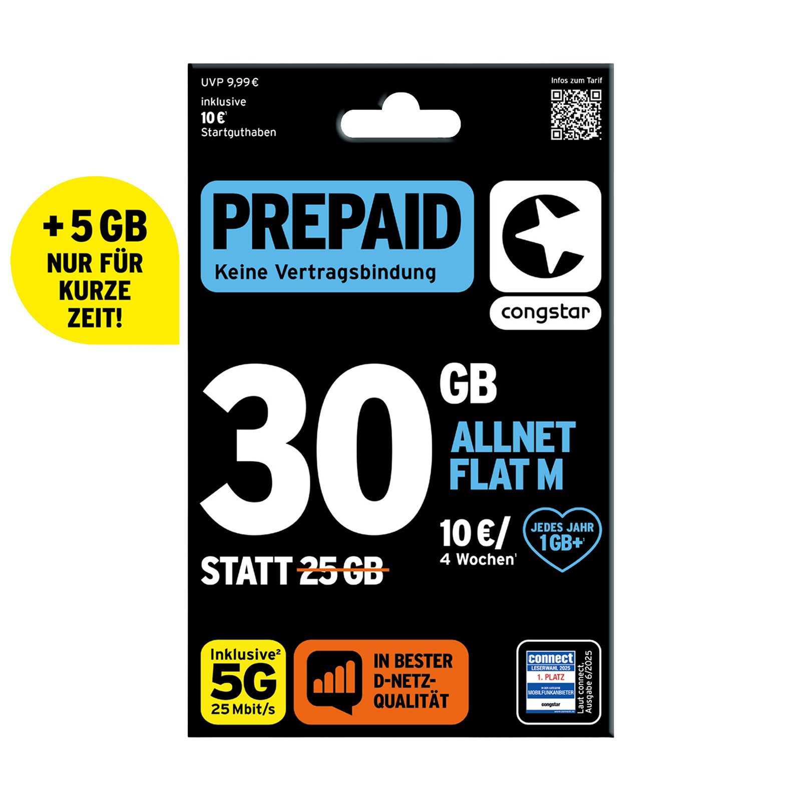 Congstar Prepaid ALLNET M, SIM-Karte ohne Vertrag, 5G mit 25 Mbit/s Prepaidkarte, (Telefonie & SMS Flat, EU-Roaming inkl)