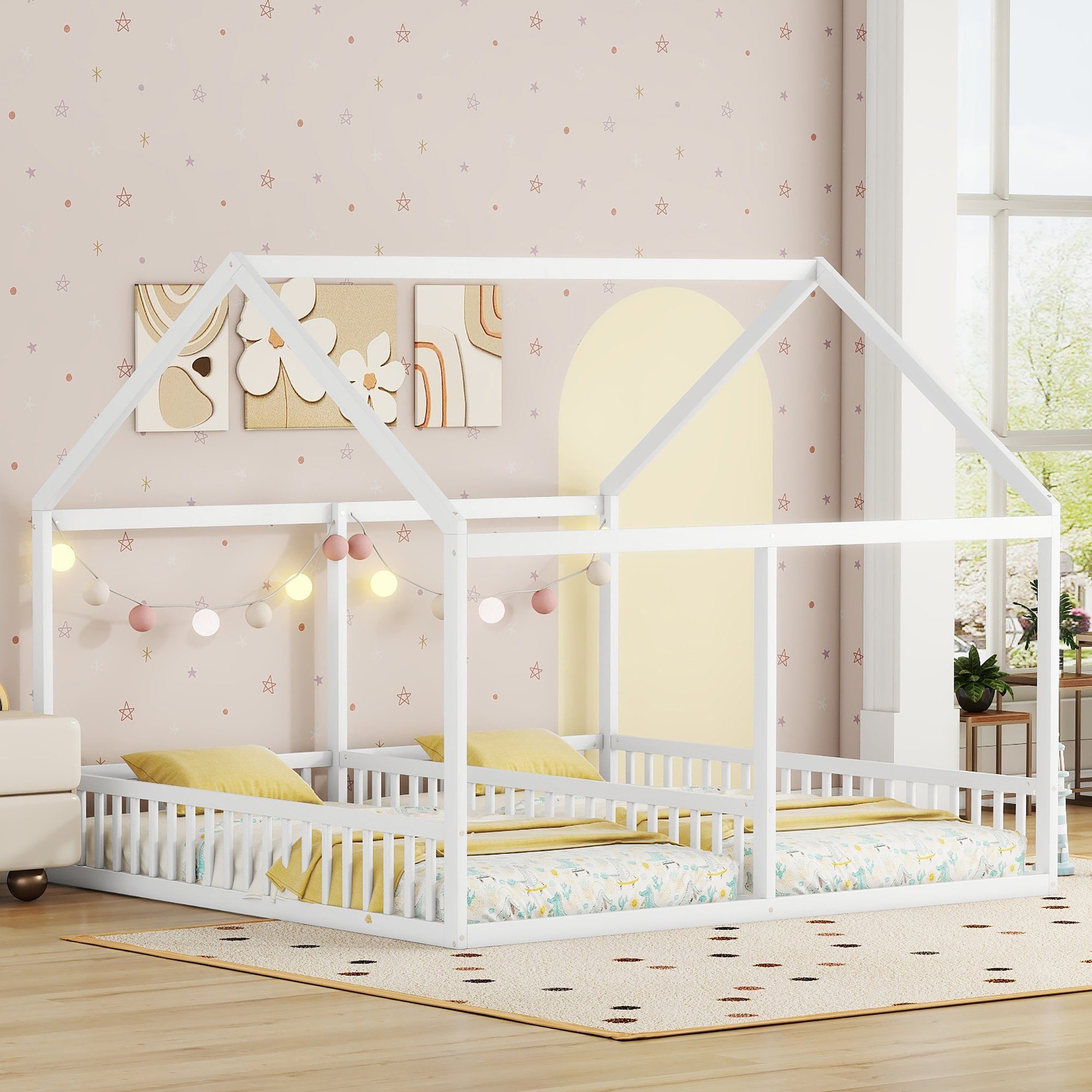 mit Kinderbett 2 weiß aus (90x200 Holzbett Schlafgelegenheiten Kiefer SOFTWEARY Lattenrost und Hausbett cm),