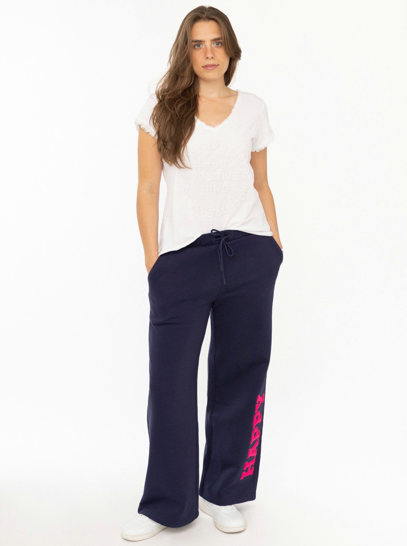 Zwillingsherz Sweathose "HAPPY" Statement Print, elastischer Bund mit Kordel, gerades Bein, Taschen