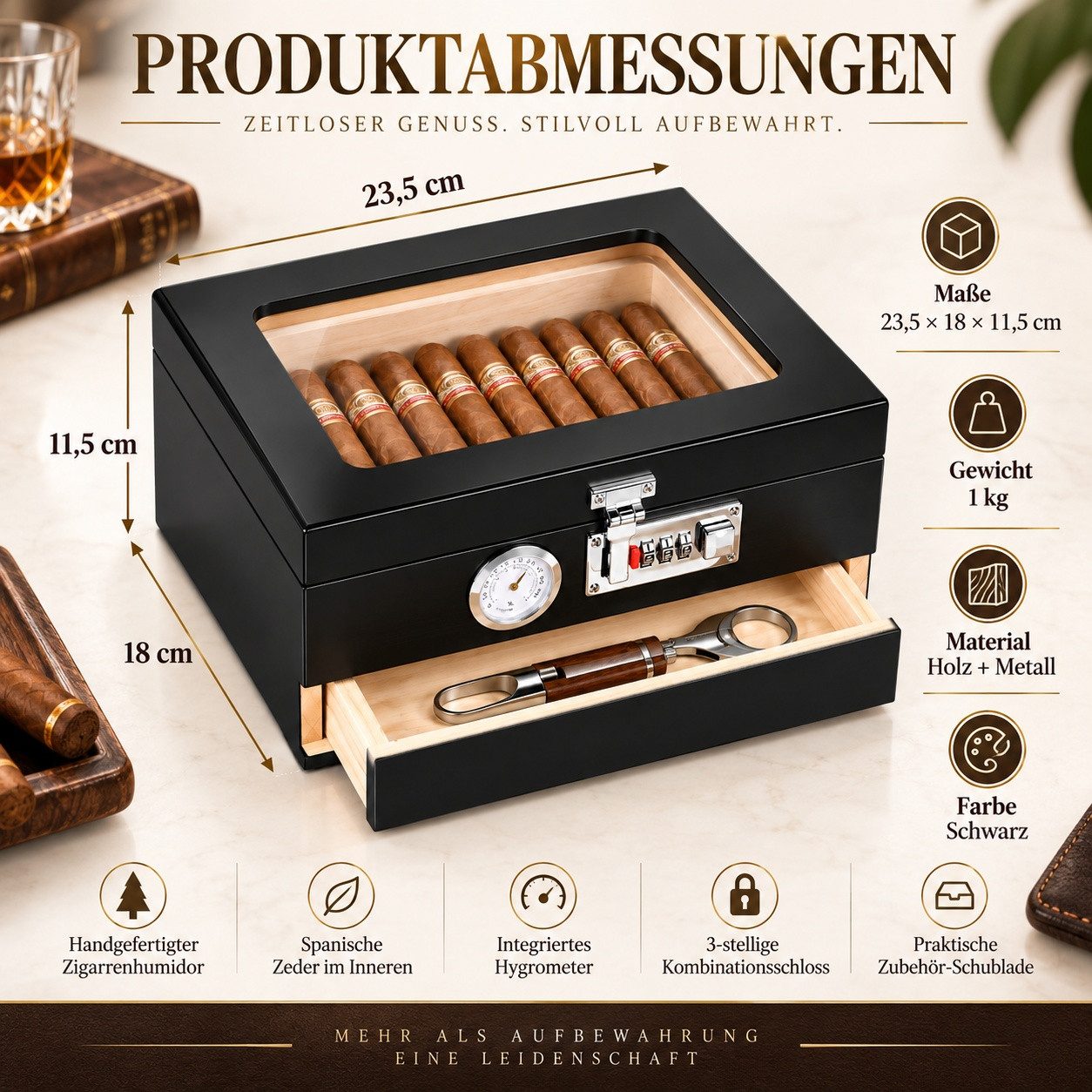 LEMLIT Humidor Zigarren Humidor Zedernholz Mit Hygrometer, Zahlenschloss, Schwarz, Mit Glasfenster, Trennwand Und Zubehörschublade – Bild 2 von 5