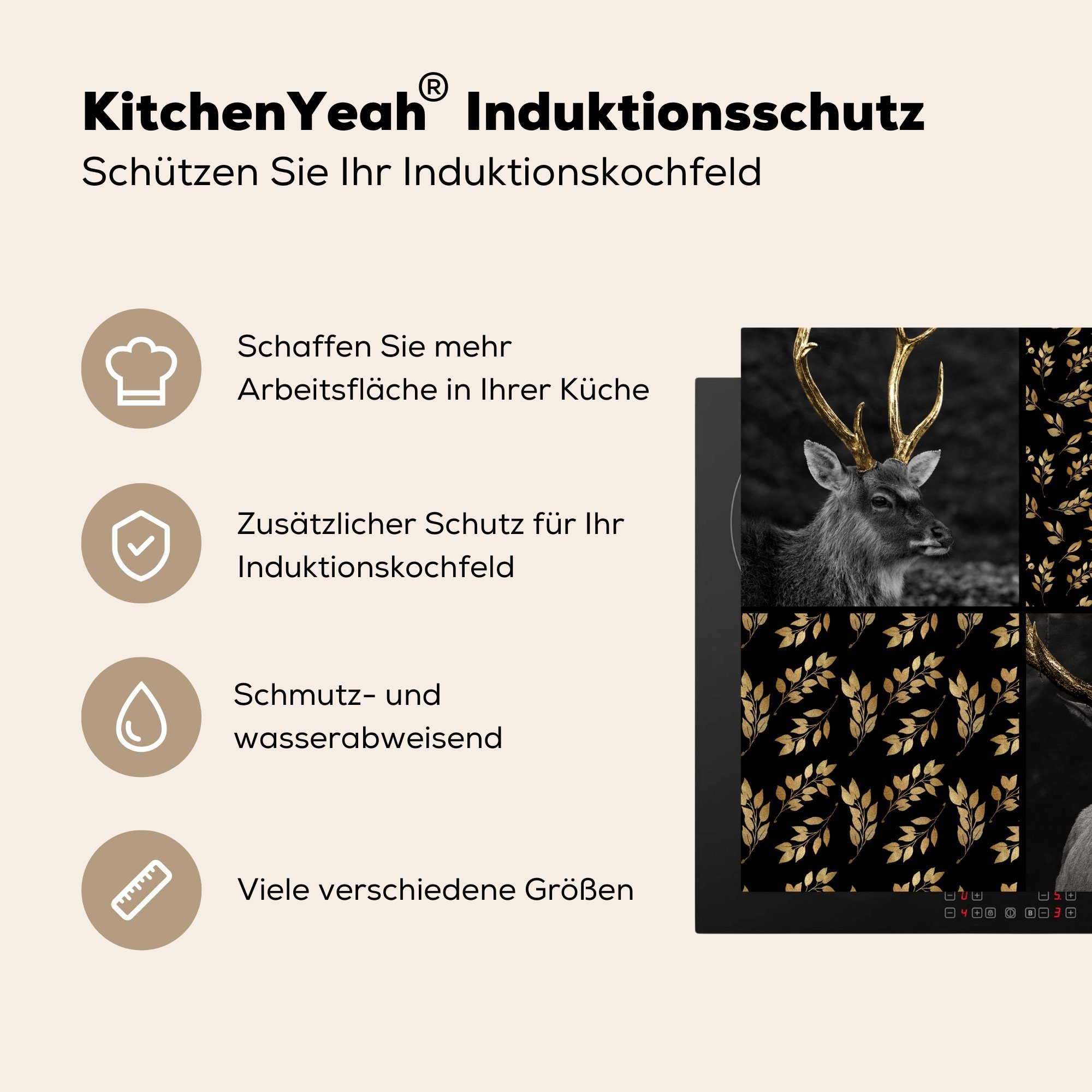 (1 Arbeitsplatte Gold, für - cm, küche 78x78 Blätter Collage - - Ceranfeldabdeckung, tlg), Vinyl, Tiere Herdblende-/Abdeckplatte MuchoWow