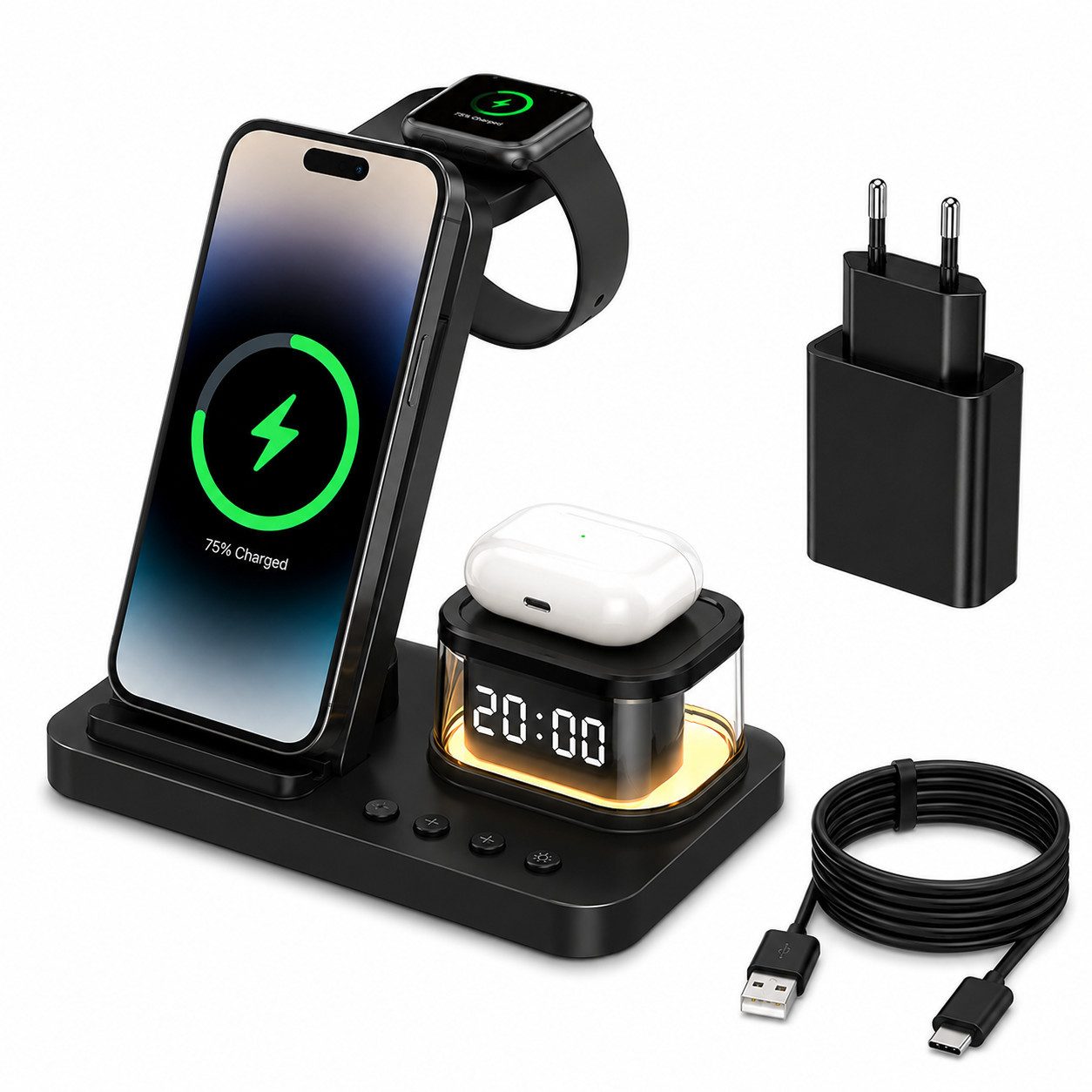 Toomoke 5-in-1 Kabellose Ladestation 15W mit Uhr und Nachtlicht Ladestation (Schnellladegerät für iPhone 16/15/14/13/12, Apple Watch Ultra/SE, AirPods und Samsung Galaxy)