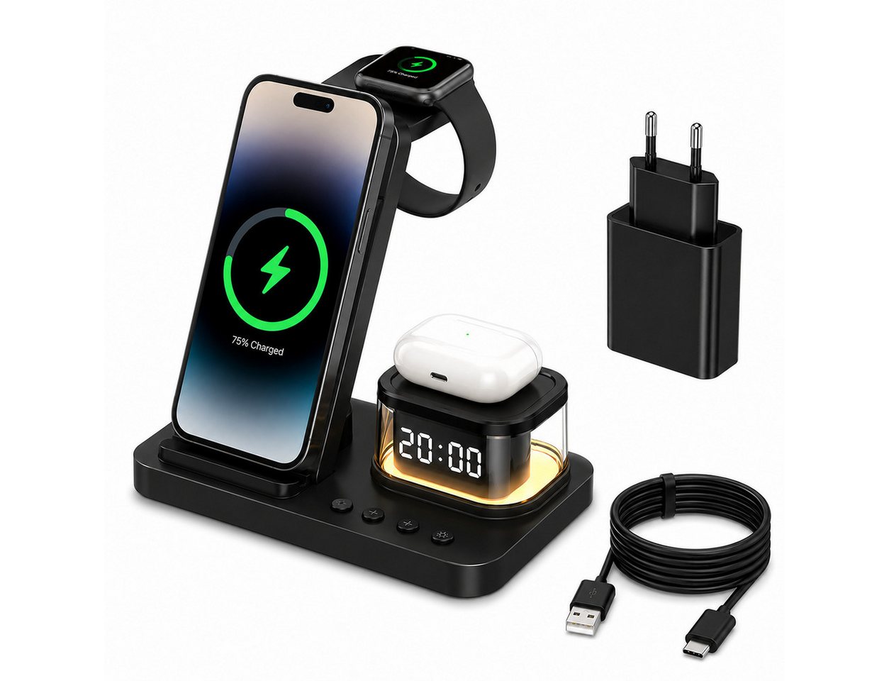 Toomoke Ladegeräte,5-in-1 Wireless Charger, kabellose Ladestation, induktives Ladestation (für iPhone, Apple Watch, AirPods, faltbar mit LED-Uhr und Nachtlicht, Nachtlicht, USB-C, inkl. 20W Netzteil)