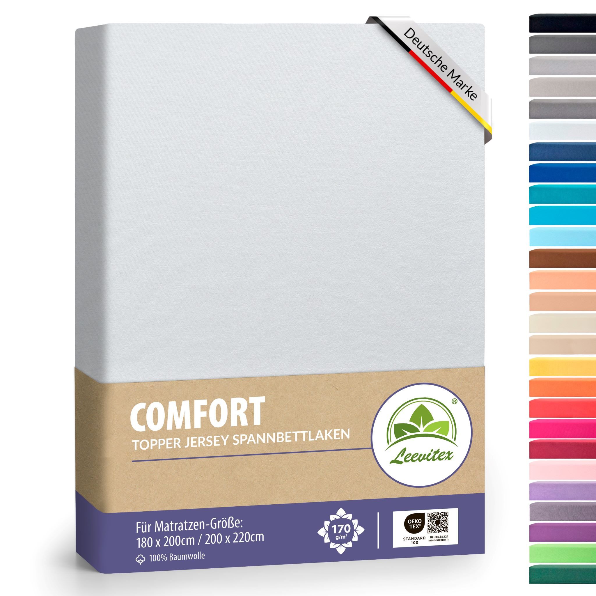 leevitex® Натяжные простыни für Topper 180x200–200x220 cm – schwerer Jersey, weich & pflegeleicht, Gummizug: rundum, extra schwere Ausführung, 180x200 - 200x220 cm, 100% Mako-Baumwolle