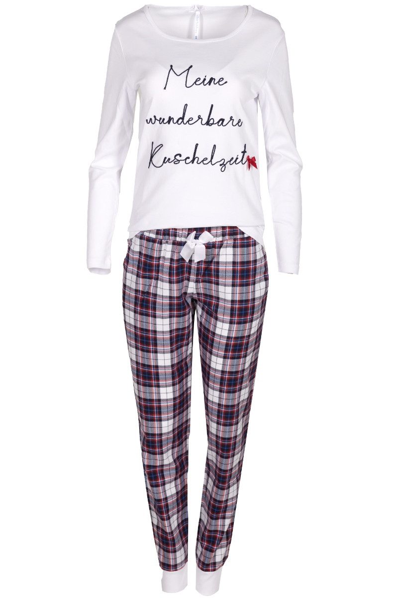Louis & Louisa Schlafanzug Pyjama Damen - WUNDERBARE KUSCHELZEIT - weiß/karo