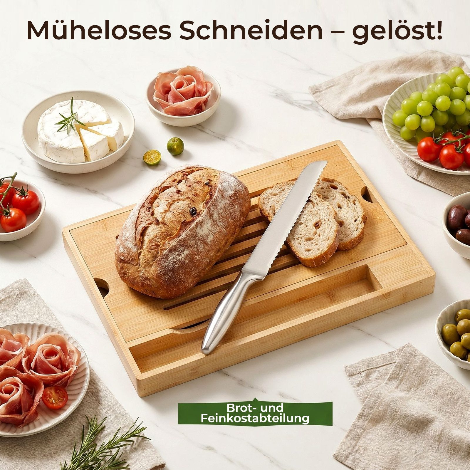 FOHERE Brotschneidebrett mit Messerhalter (inklusive Brotmesser) und Krümelschublade, Naturbambus, (1-St), 33.5 x 24.8 cm, geeignet zum Schneiden aller Brotsorten