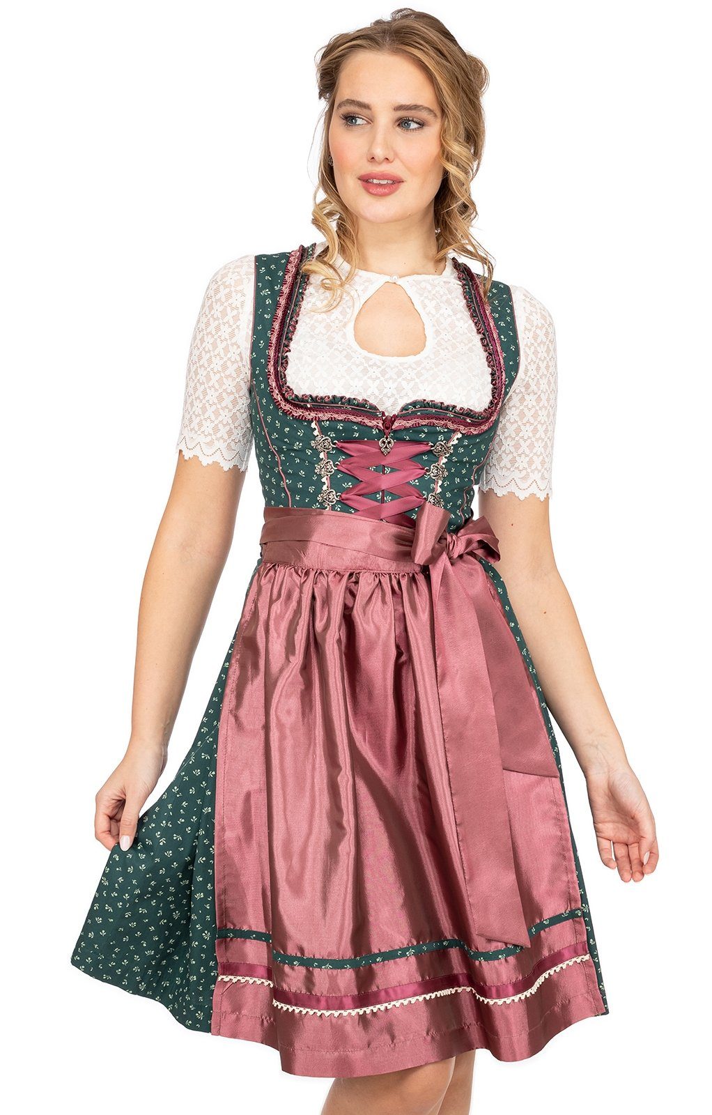 58cm MarJo Mini 2tlg. Trachtenkleid Dirndl rosenholz grün IDUNA