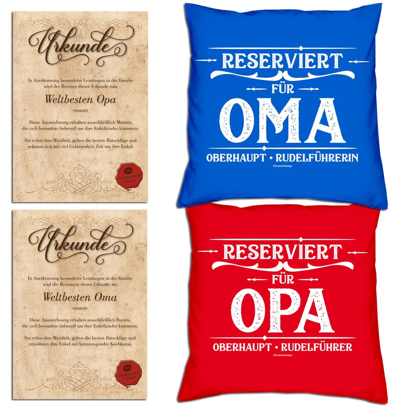 Soreso® Dekokissen Kissen-Set Reserviert für Opa Reserviert für Oma mit Urkunden, Weihnachtsgeschenk für Großeltern royal-blau