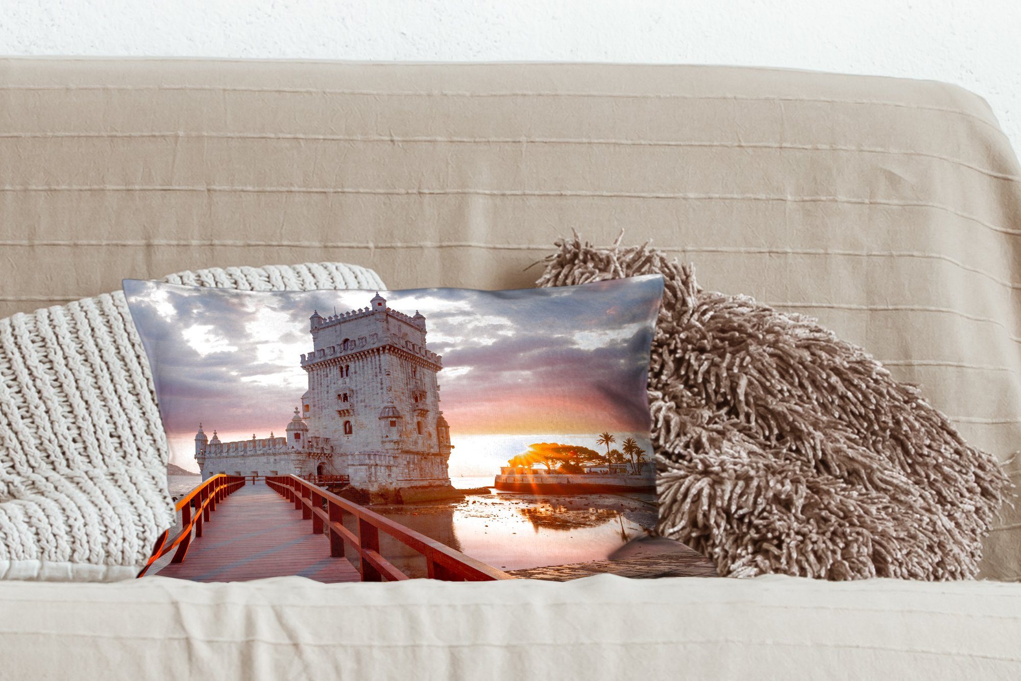 Dekokissen Zierkissen, MuchoWow mit Füllung, Sonnenaufgang Dekoration, Portugal, Dekokissen Wohzimmer Schlafzimmer in