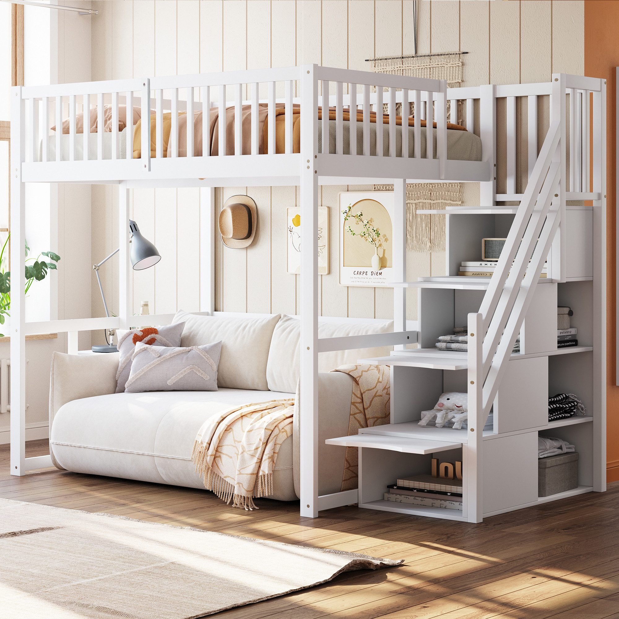 Flieks Hochbett Massivholz Kinderbett Einzelbett 140x200cm mit Stauraumtrep günstig online kaufen