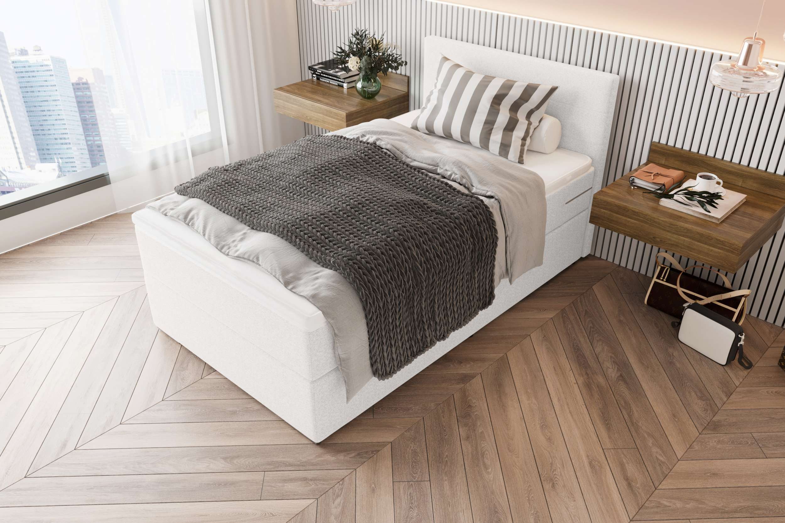 99rooms Boxspringbett Phönix Mini (Schlafzimmerbett, Bett), mit Taschenfederkernmatratze und Topper, in Webstoff MALMO_NEW