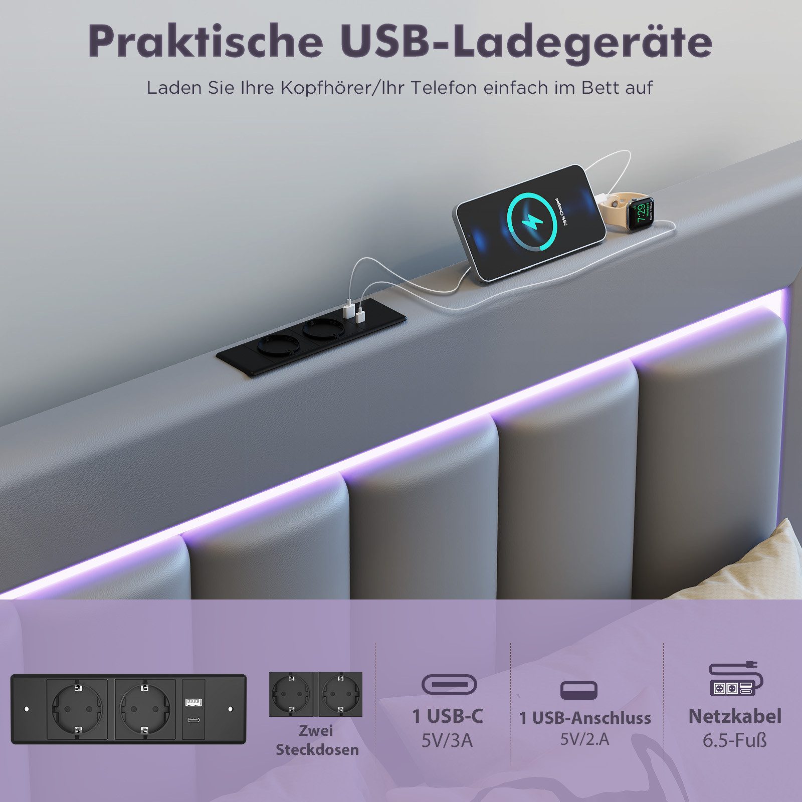 oyajia Polsterbett Bettgestell mit Kopfteil, Lichtleiste (Polsterbett mit Lattenrost und verstellbares gepolstertes Kopfteil), Modernes Jugendbett, Leises Desig – Bild 4 von 5